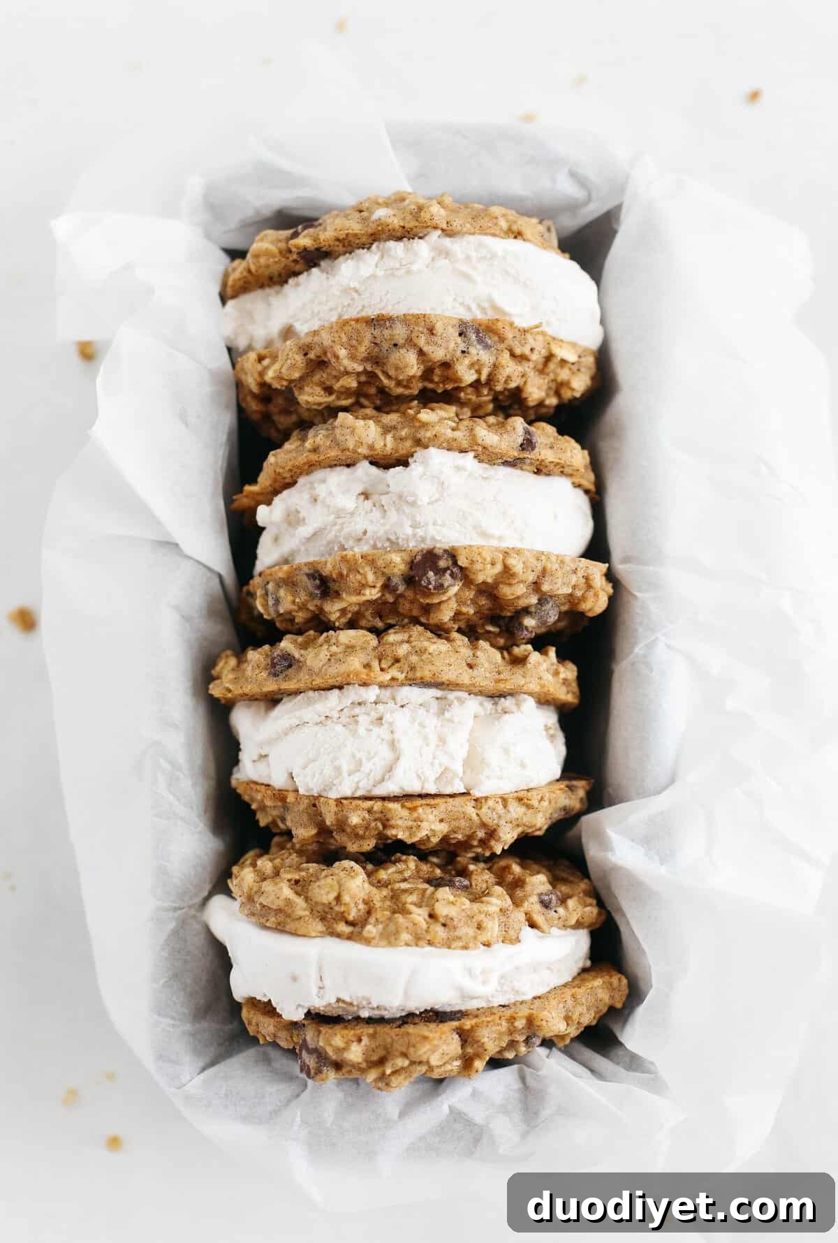 Homemade Oatmeal Chocolate Chip Cookie Ice Cream Sandwiches 5 Celebrate the summer with these homemade oatmeal chocolate chip cookie ice cream sandwiches that are dairy-free, vegan and taste just like your childhood!