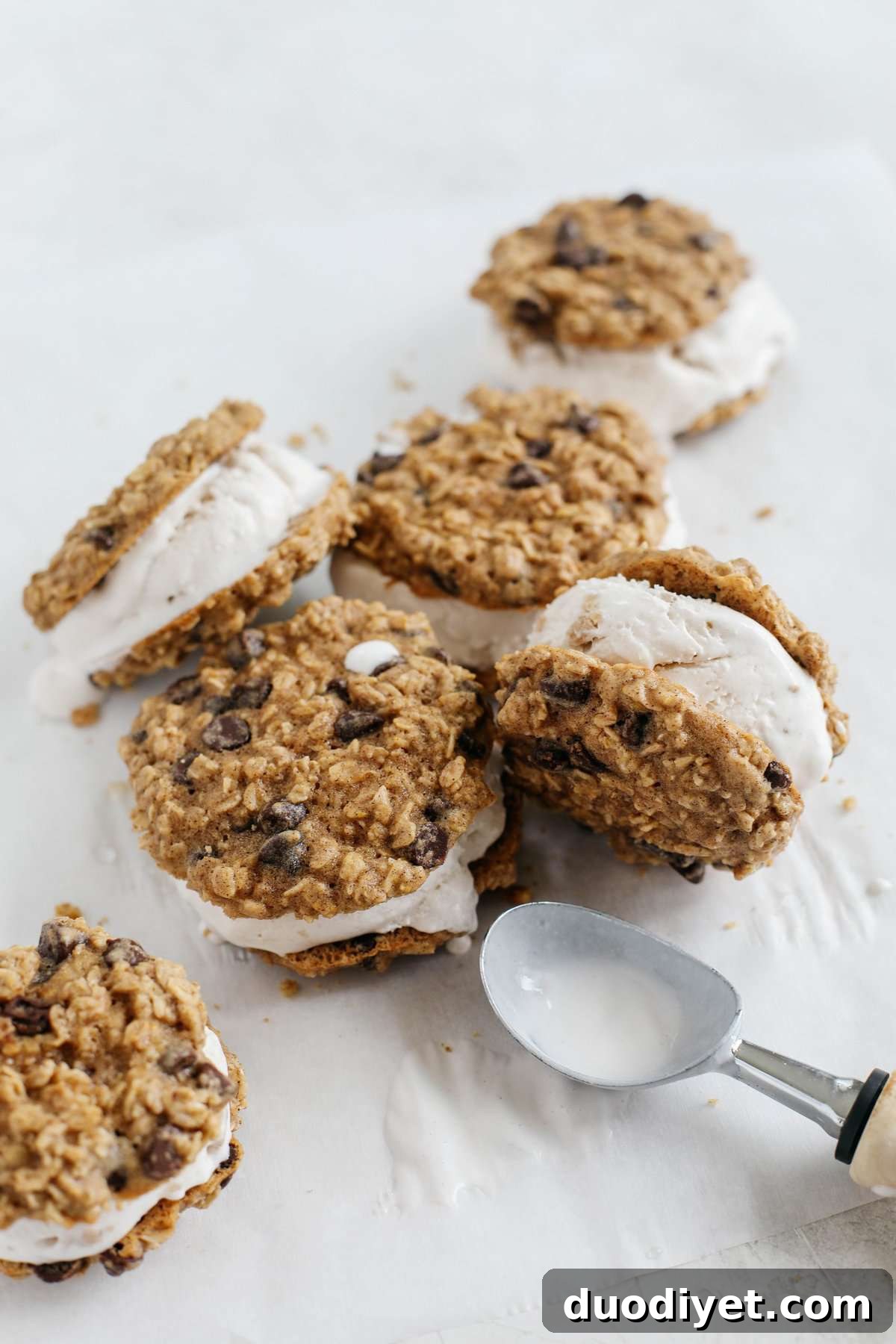 Homemade Oatmeal Chocolate Chip Cookie Ice Cream Sandwiches 6 Celebrate the summer with these homemade oatmeal chocolate chip cookie ice cream sandwiches that are dairy-free, vegan and taste just like your childhood!
