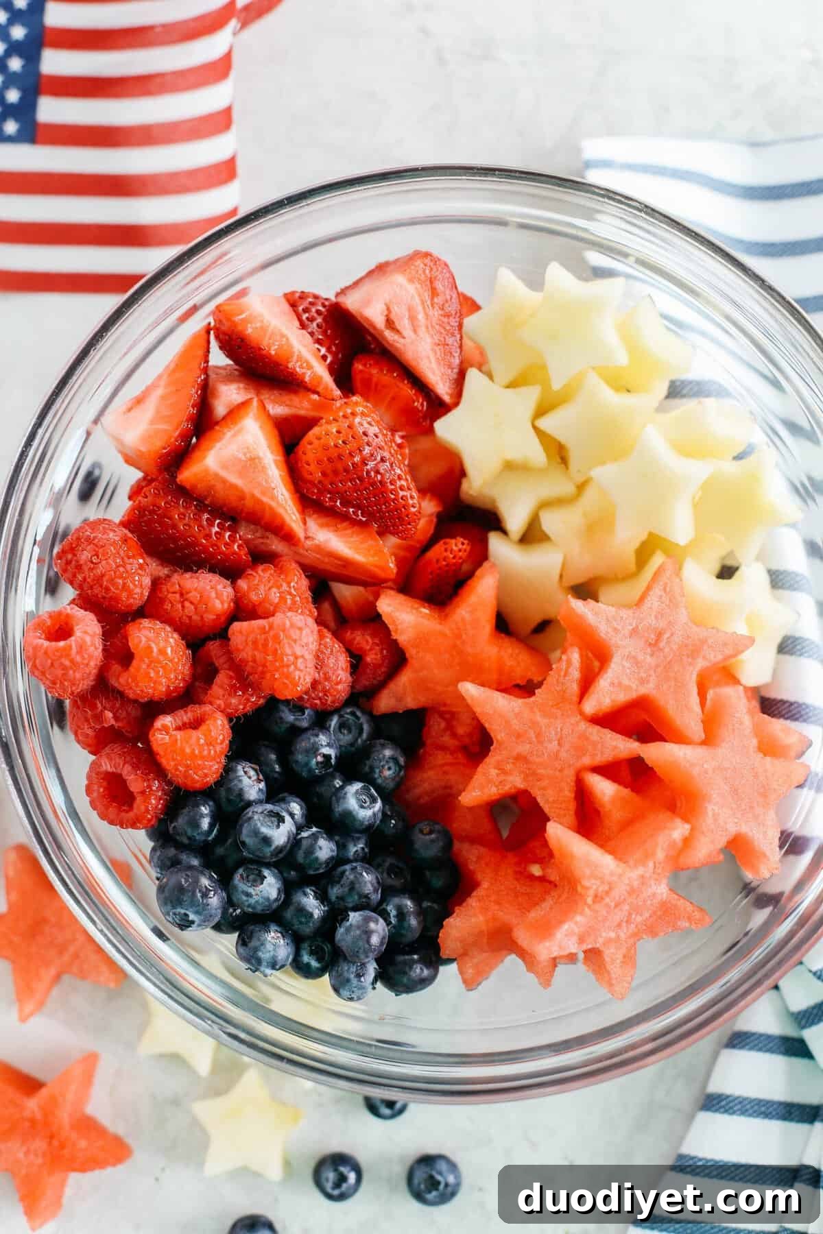 Fourth of July Red, White and Blueberry Fruit Salad Recipe 3 Kick off the 4th of July weekend with this fresh and festive Red, White and Blueberry Fruit Salad packed juicy watermelon, crisp apples and delicious berries all tossed together in a honey-citrus dressing!
