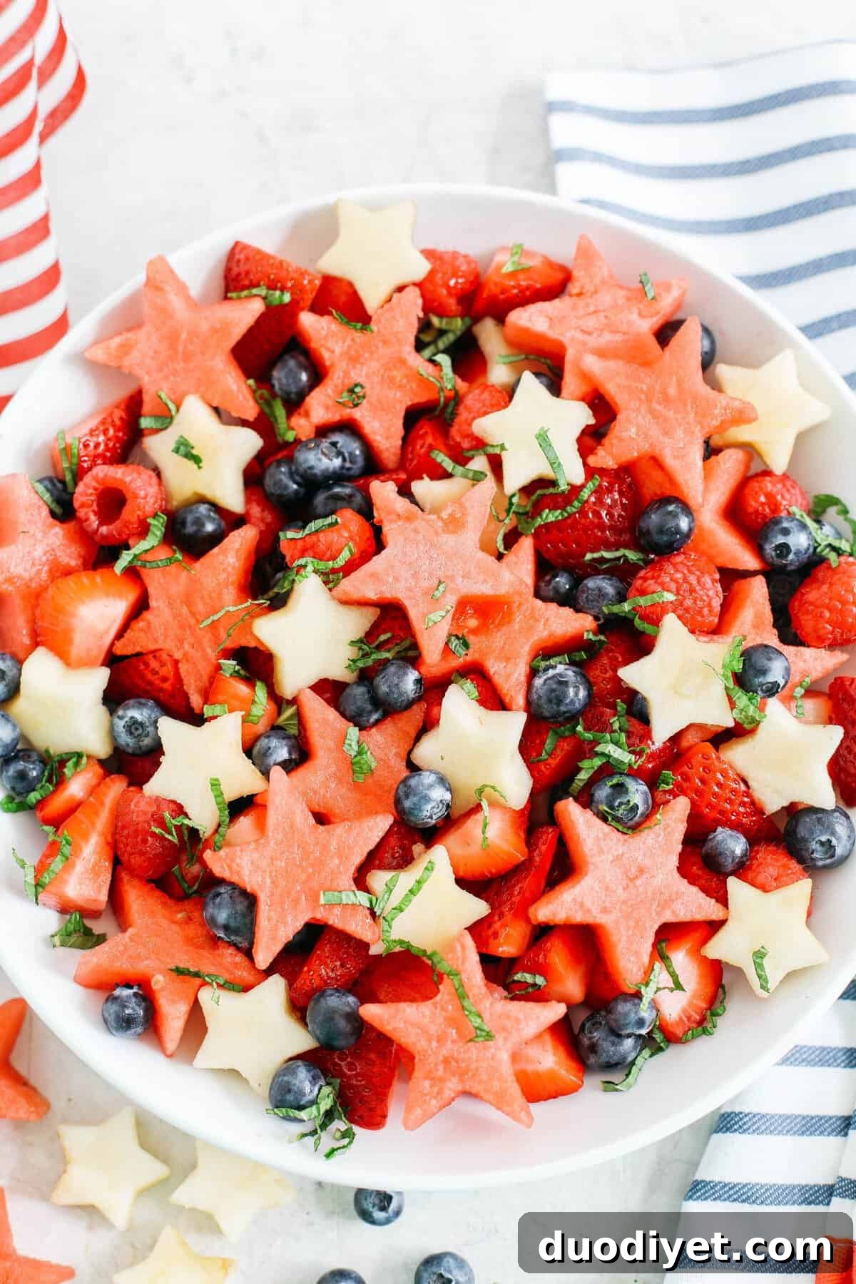 Fourth of July Red, White and Blueberry Fruit Salad Recipe 4 Kick off the 4th of July weekend with this fresh and festive Red, White and Blueberry Fruit Salad packed juicy watermelon, crisp apples and delicious berries all tossed together in a honey-citrus dressing!