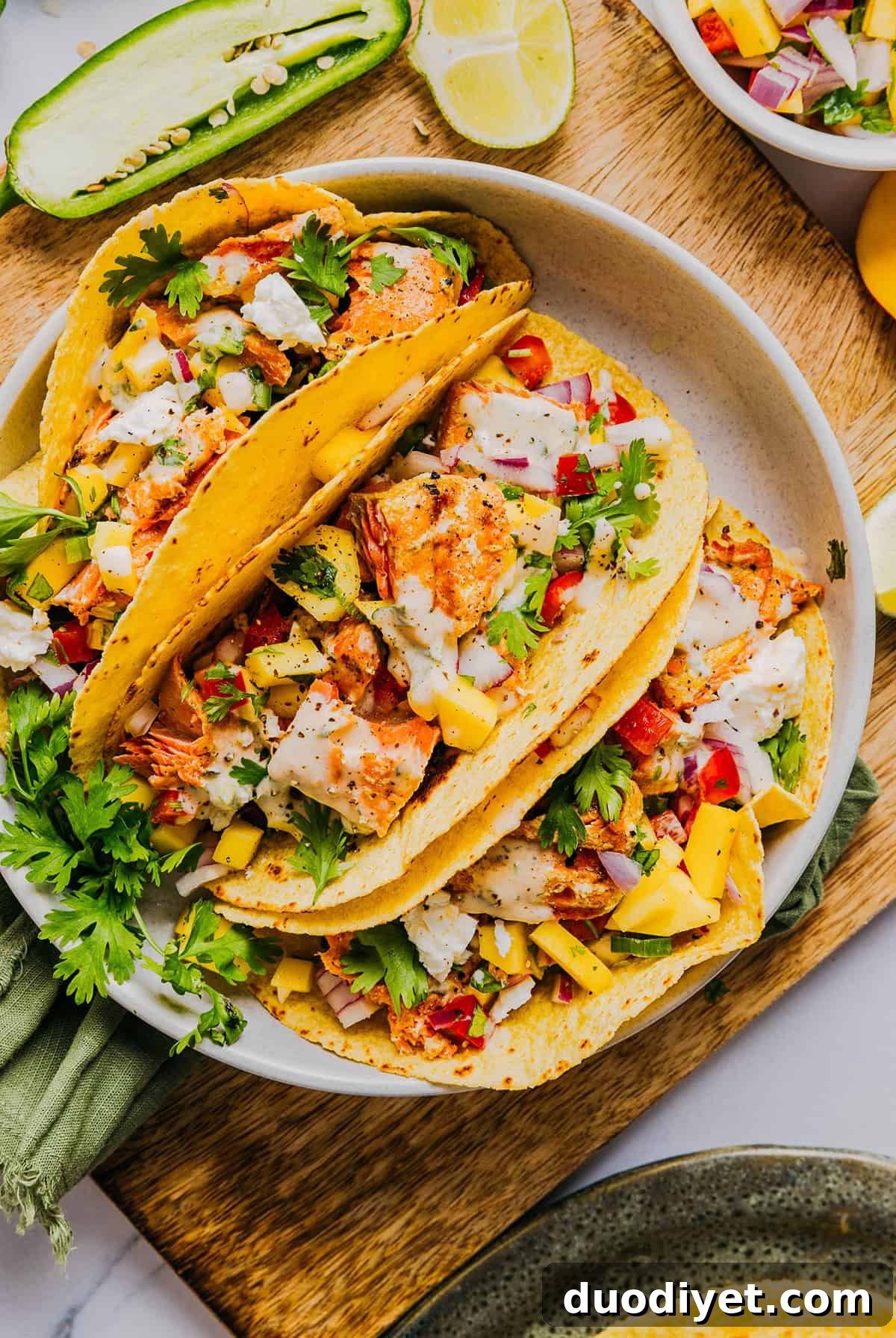 Finished mango sriracha salmon tacos
