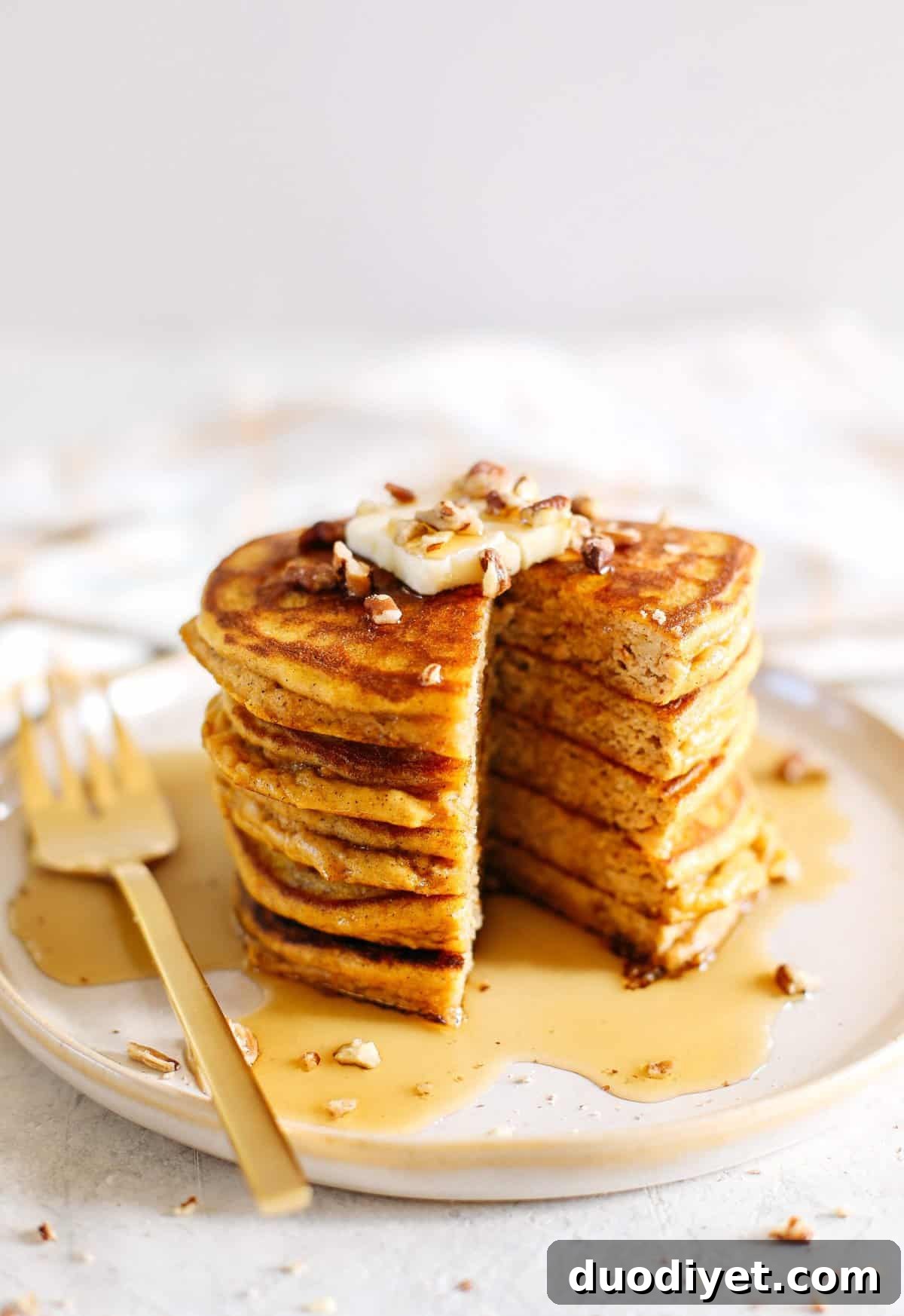 Fluffy Pumpkin Pancakes Recipe with Warm Spices 3 Start your morning with these fluffy pumpkin pancakes that are gluten-free, dairy-free and paleo with zero refined sugars made with almond flour for an easy delicious fall breakfast!
