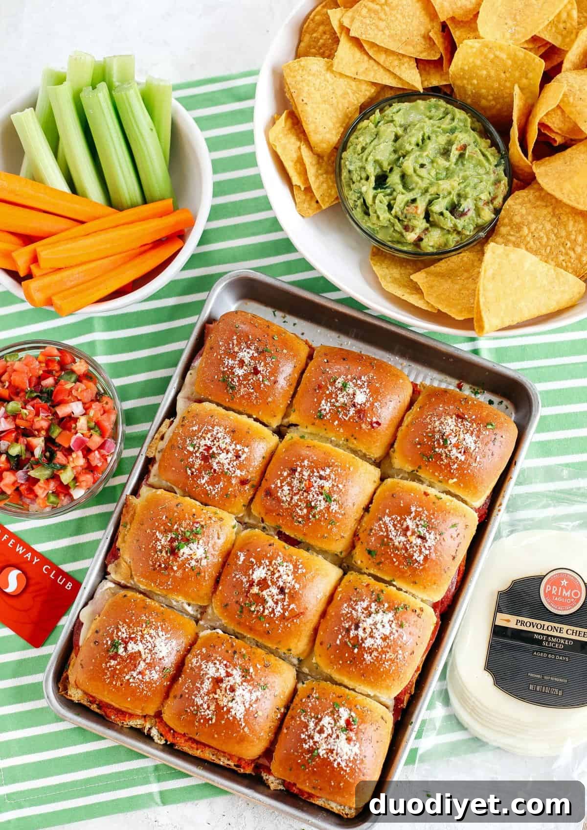Hot Italian Sliders Recipe with Melted Provolone 3 Delicious Hot Italian Sliders perfect for game day that are layered with slices of ham, salami, pepperoni and provolone with a homemade roasted red pepper spread!