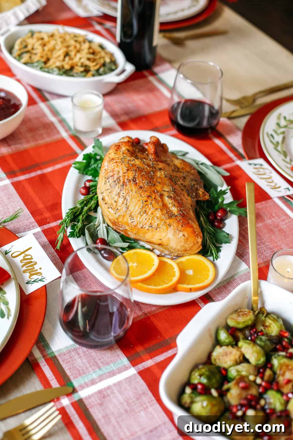 Plated holiday dinner with roasted turkey and sides