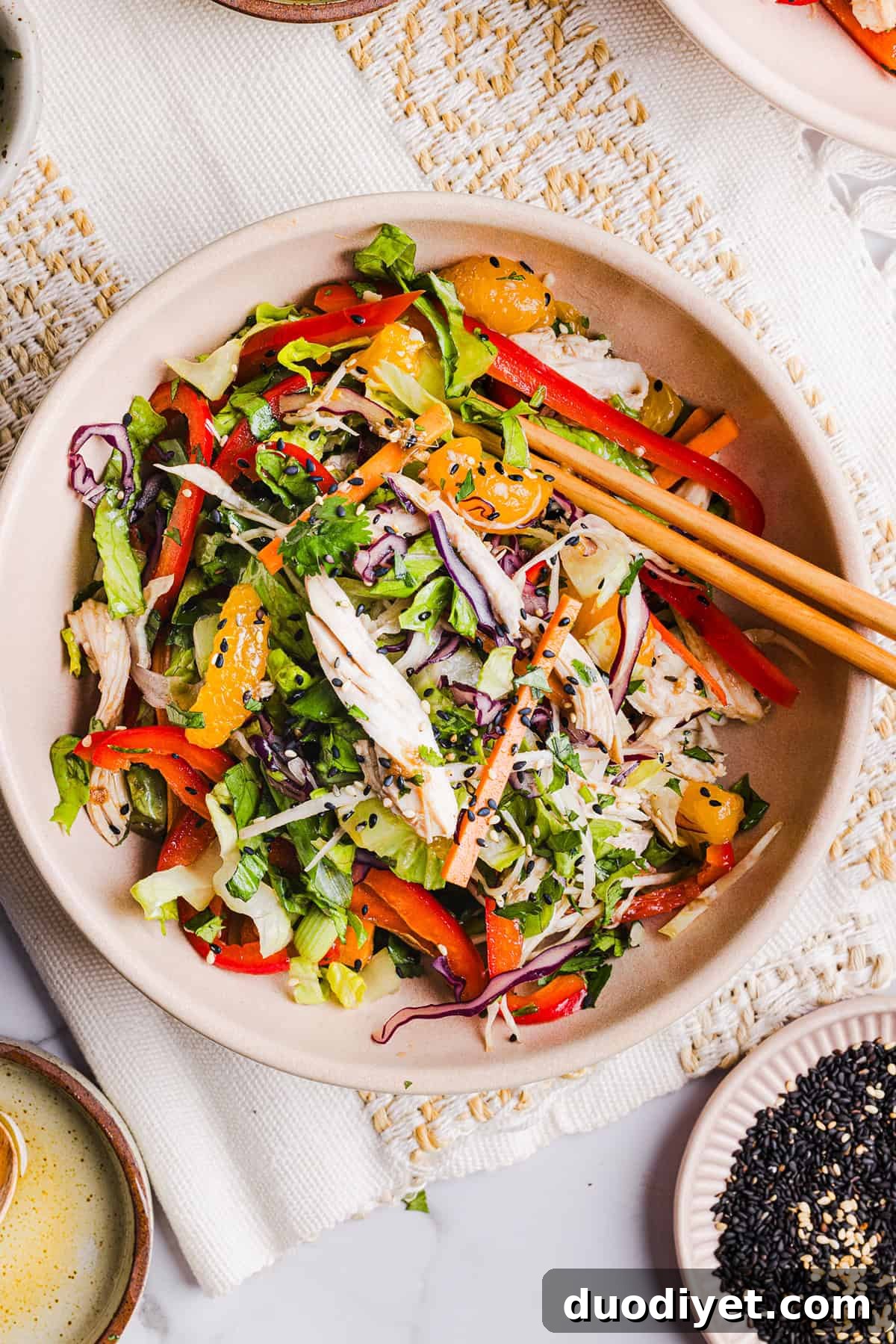 Top view of Chinese Chicken Salad with almonds