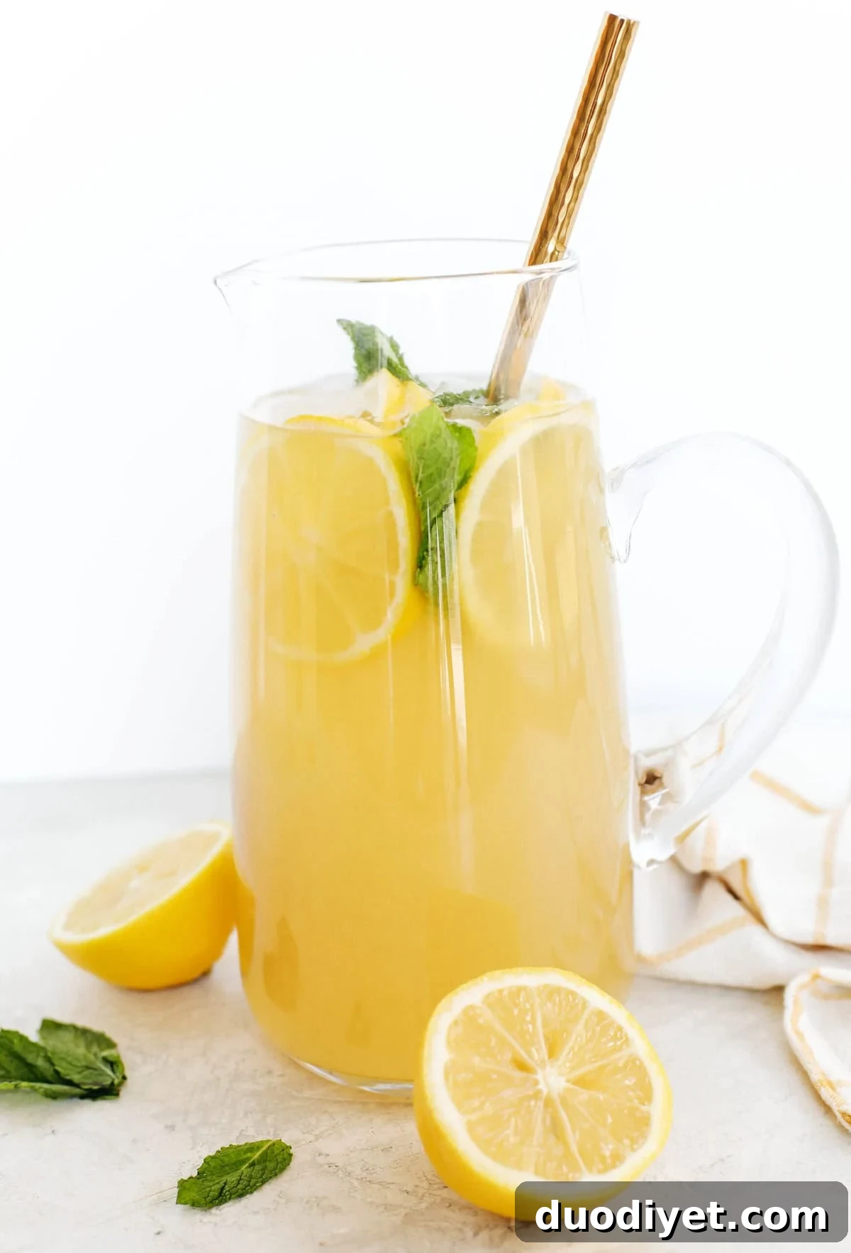 Homemade Honey Ginger Lemonade Recipe 5 Refreshing honey ginger lemonade in a tall glass with mint