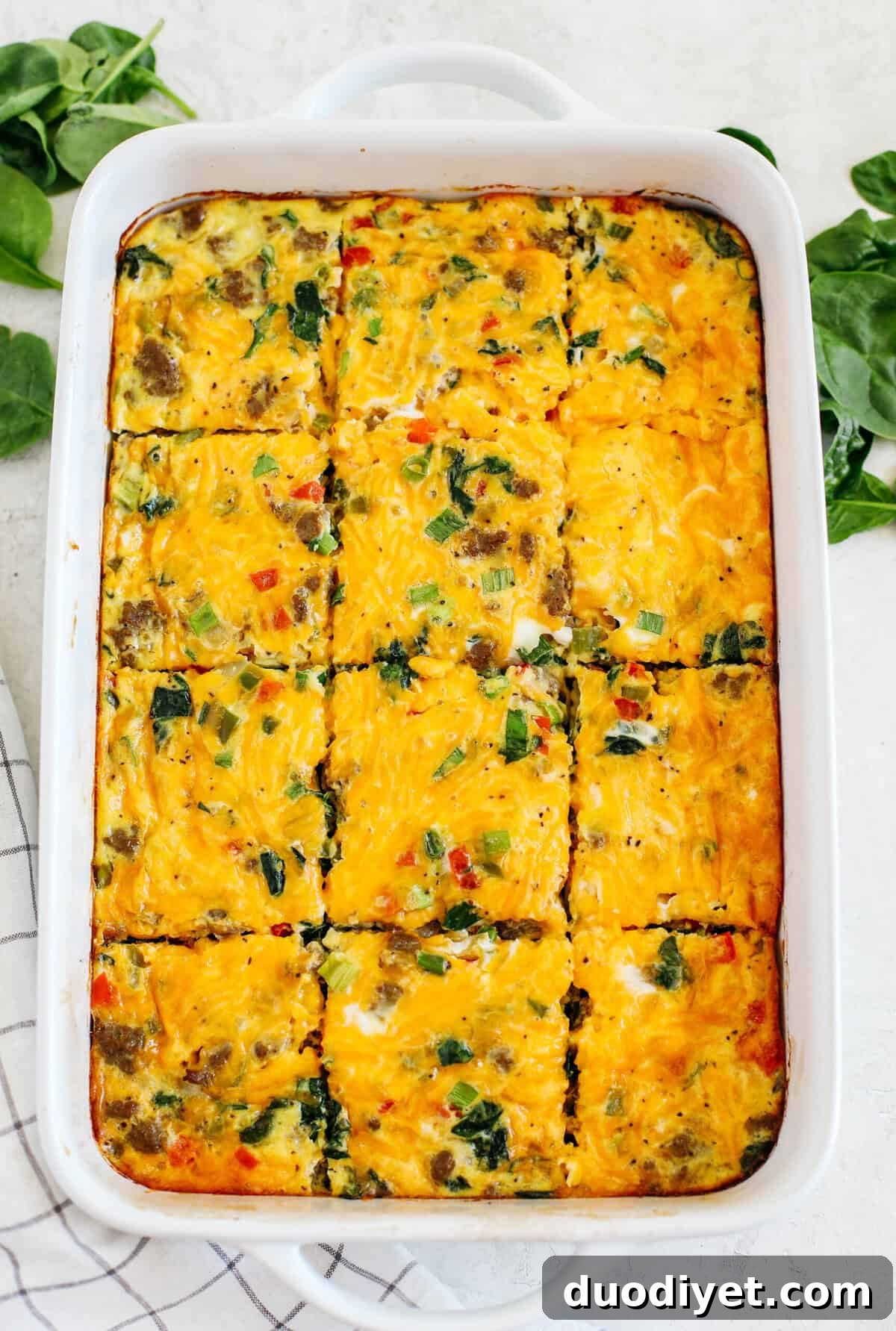 Make Ahead Sausage and Vegetable Egg Casserole 2 This Easy Sausage and Veggie Egg Casserole makes the perfect high protein savory breakfast! Loaded with veggies, leafy greens, and turkey sausage.