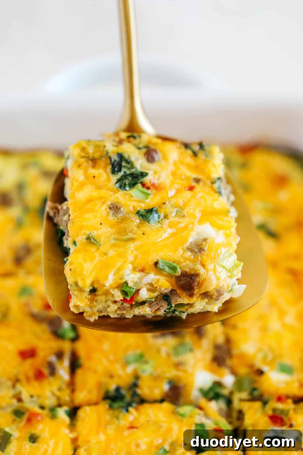 Make Ahead Sausage and Vegetable Egg Casserole 3 Sausage and Veggie Egg Casserole served warm, sliced, and ready to enjoy.