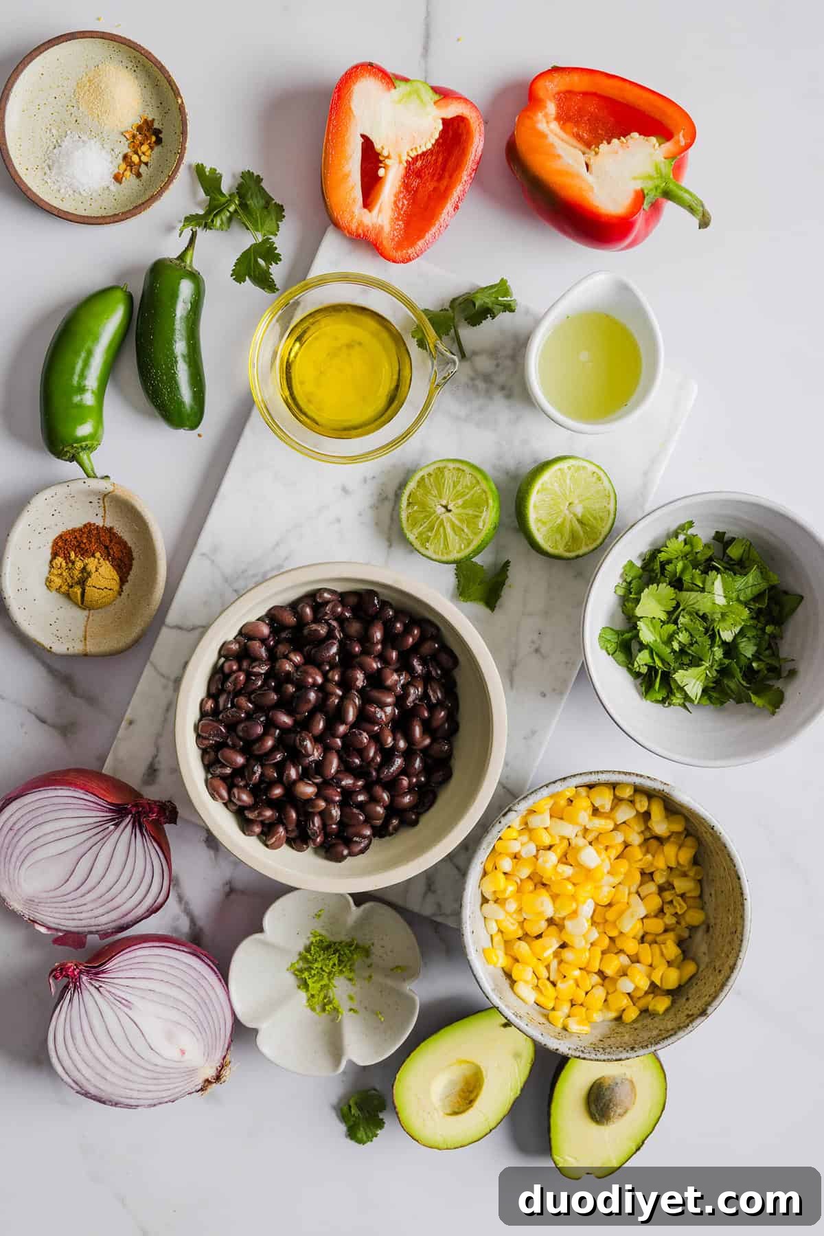 This Black Bean and Corn Salad is loaded with crisp veggies, delicious spices and fresh cilantro, all tossed together in a zesty lime dressing making it the perfect summer side dish or dip!