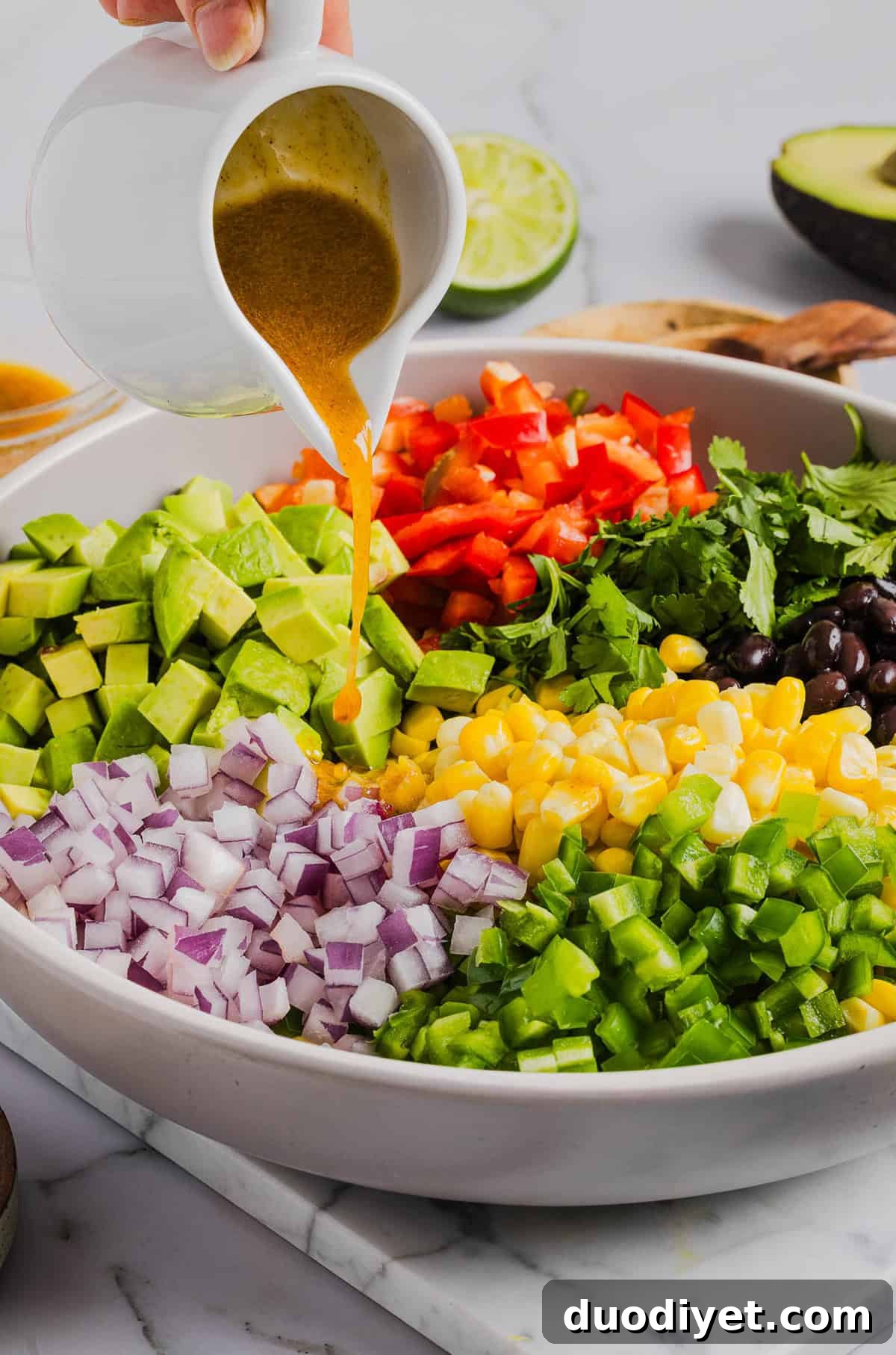 This Black Bean and Corn Salad is loaded with crisp veggies, delicious spices and fresh cilantro, all tossed together in a zesty lime dressing making it the perfect summer side dish or dip!