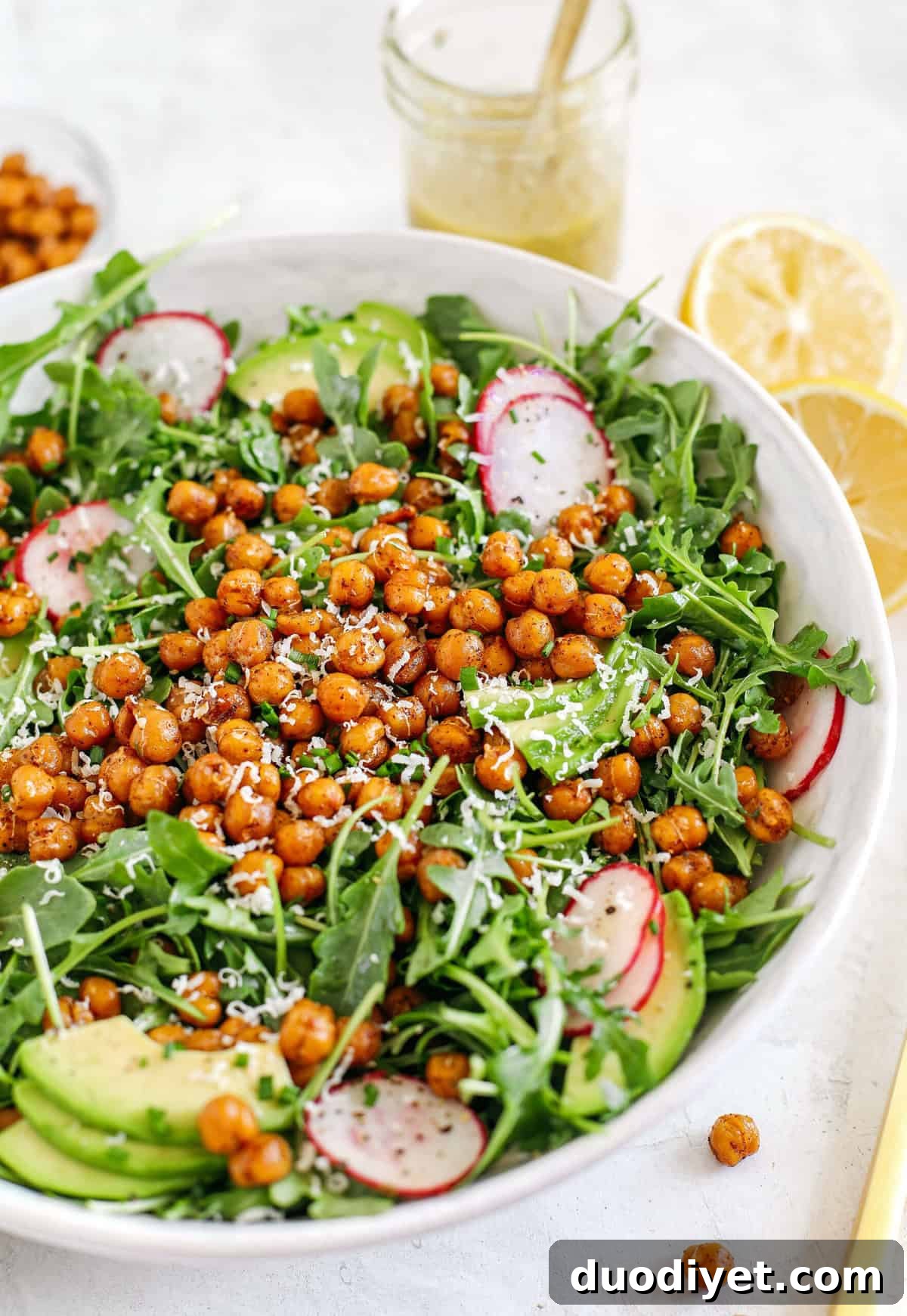 Arugula Salad with Honey Roasted Chickpeas close-up
