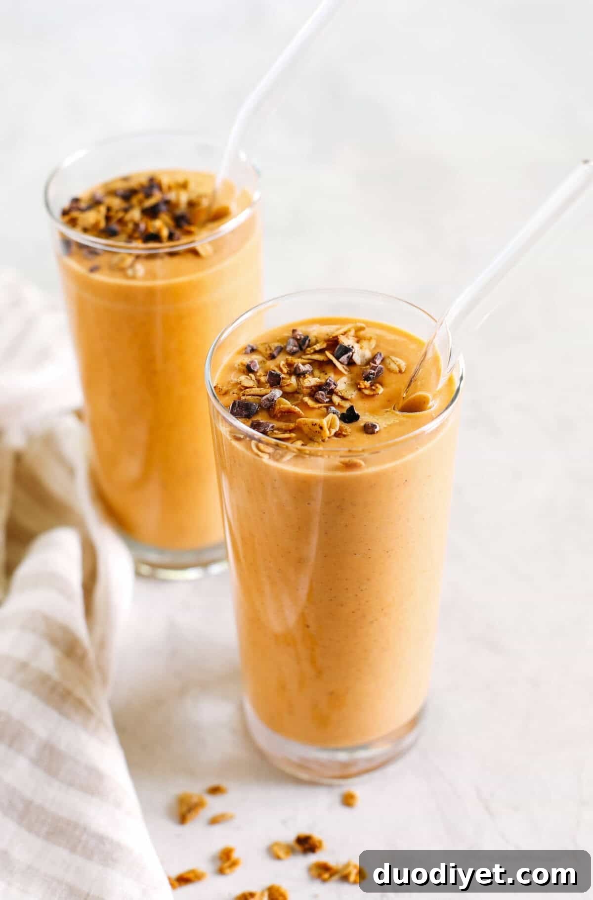 Start your morning off with this thick and creamy Pumpkin Spice Smoothie that is healthy, delicious and loaded with all your fall favorites like pumpkin, apple, banana, Greek yogurt, maple syrup and warm spices!