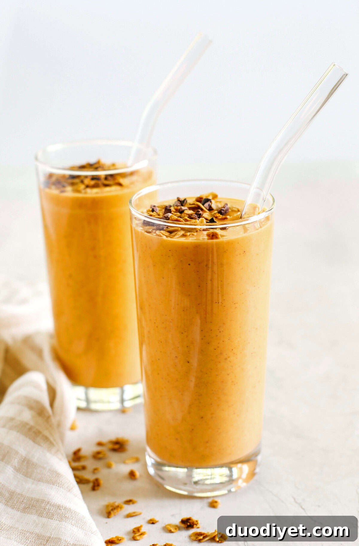 Start your morning off with this thick and creamy Pumpkin Spice Smoothie that is healthy, delicious and loaded with all your fall favorites like pumpkin, apple, banana, Greek yogurt, maple syrup and warm spices!