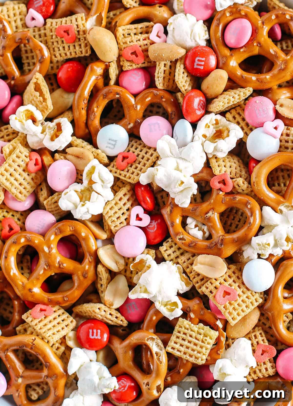 Homemade Valentine's Day Snack Mix Recipe for Parties and Gifts 3 Colorful Valentine’s snack mix with candies and pretzels