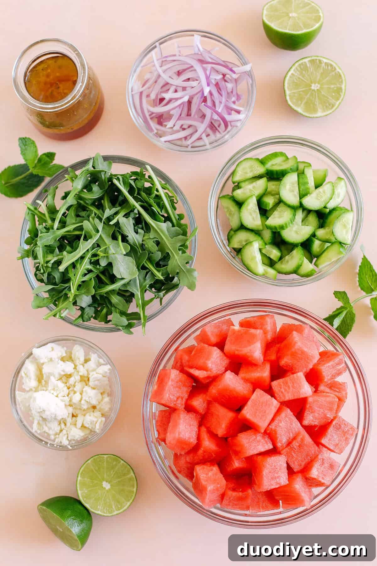 Watermelon Cucumber Feta Salad with Mint 3 Close up of watermelon, cucumber and feta salad