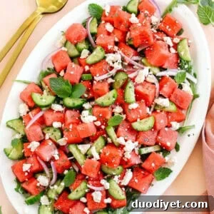 Watermelon Cucumber Feta Salad with Mint 5 Final plated watermelon cucumber feta salad