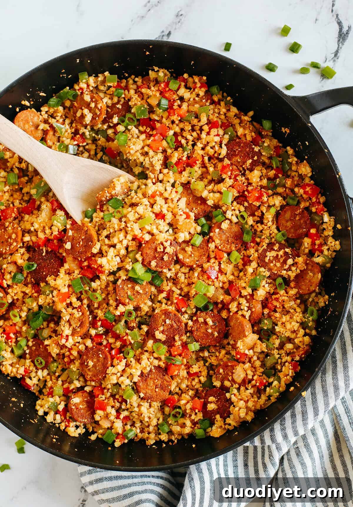 Cajun Sausage Skillet with Cauliflower Rice 5 Finished Cajun Sausage and Cauliflower Rice Skillet plated