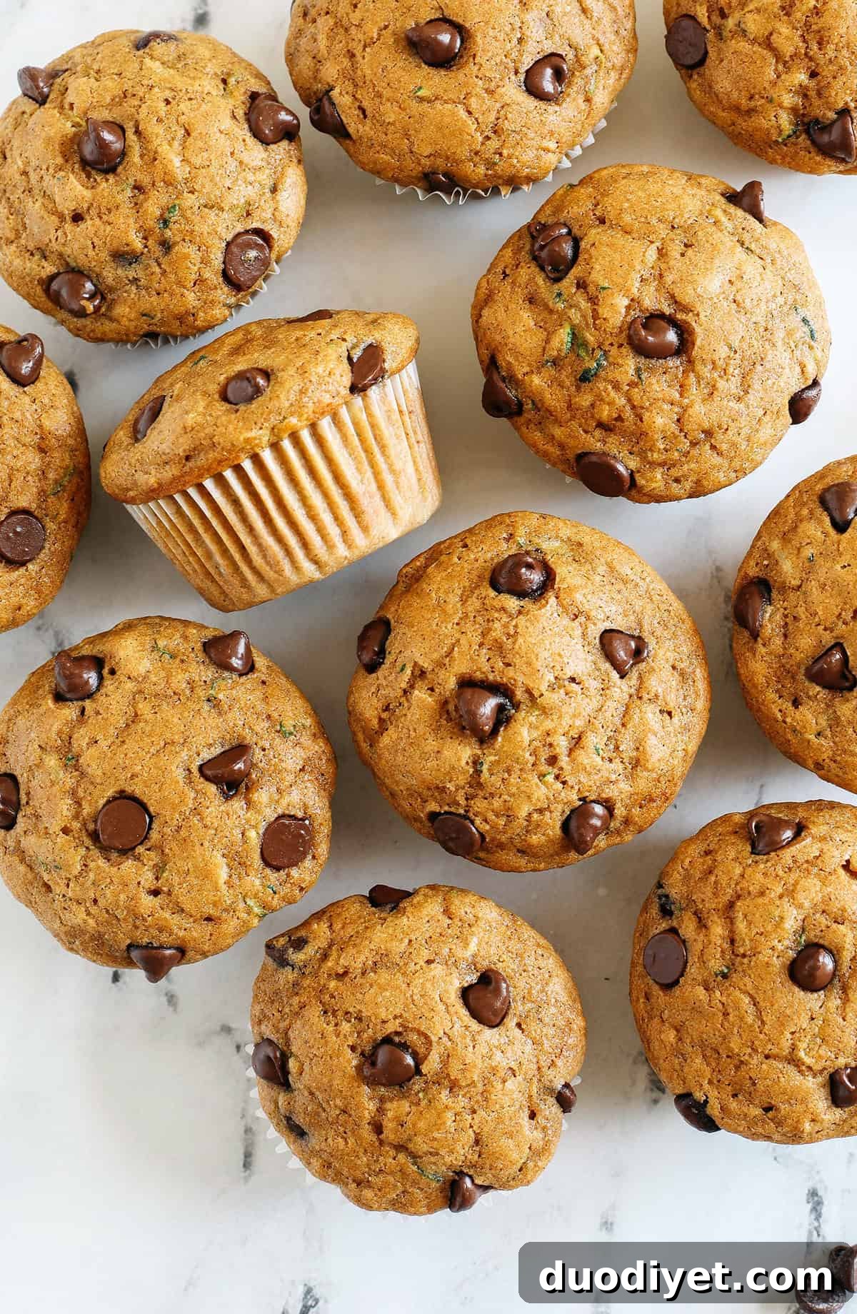 These Chocolate Chip Zucchini Muffins are moist, fluffy, and made healthier with whole wheat flour, Greek yogurt, shredded zucchini and zero butter or refined sugar. Loaded with warm flavors and chunks of chocolate in every bite!