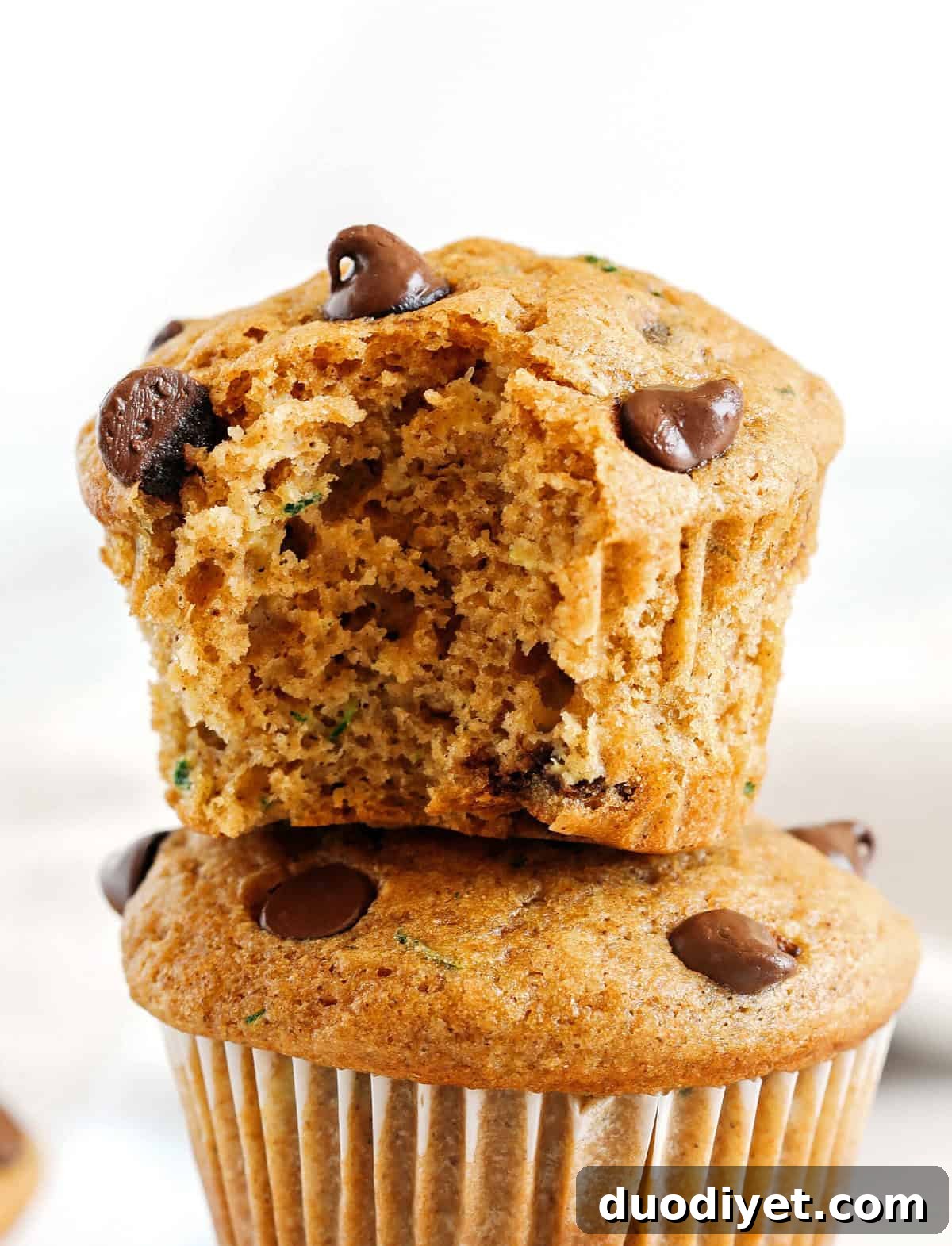 These Chocolate Chip Zucchini Muffins are moist, fluffy, and made healthier with whole wheat flour, Greek yogurt, shredded zucchini and zero butter or refined sugar. Loaded with warm flavors and chunks of chocolate in every bite!