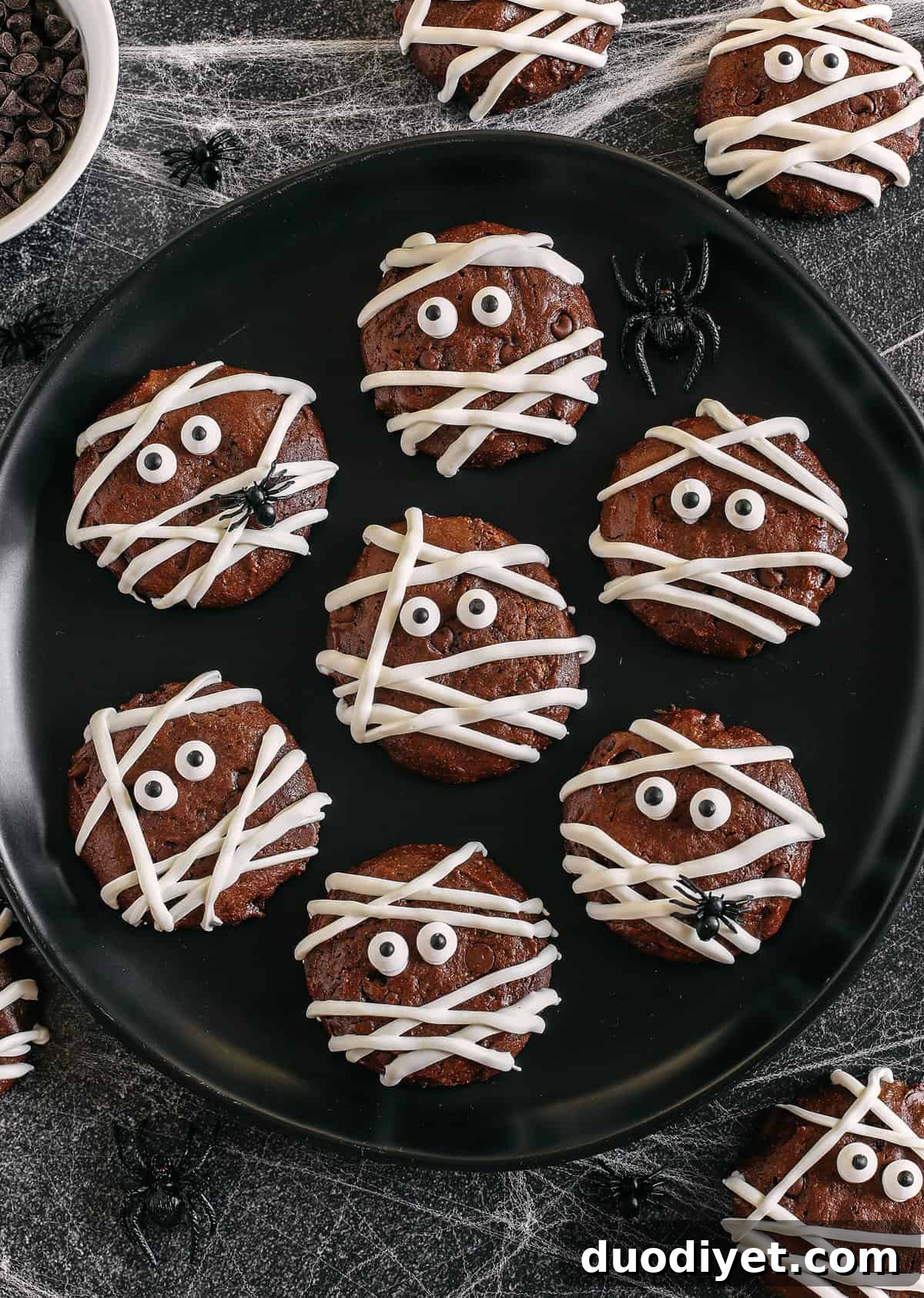 Chocolate Mummy Cookies on a tray