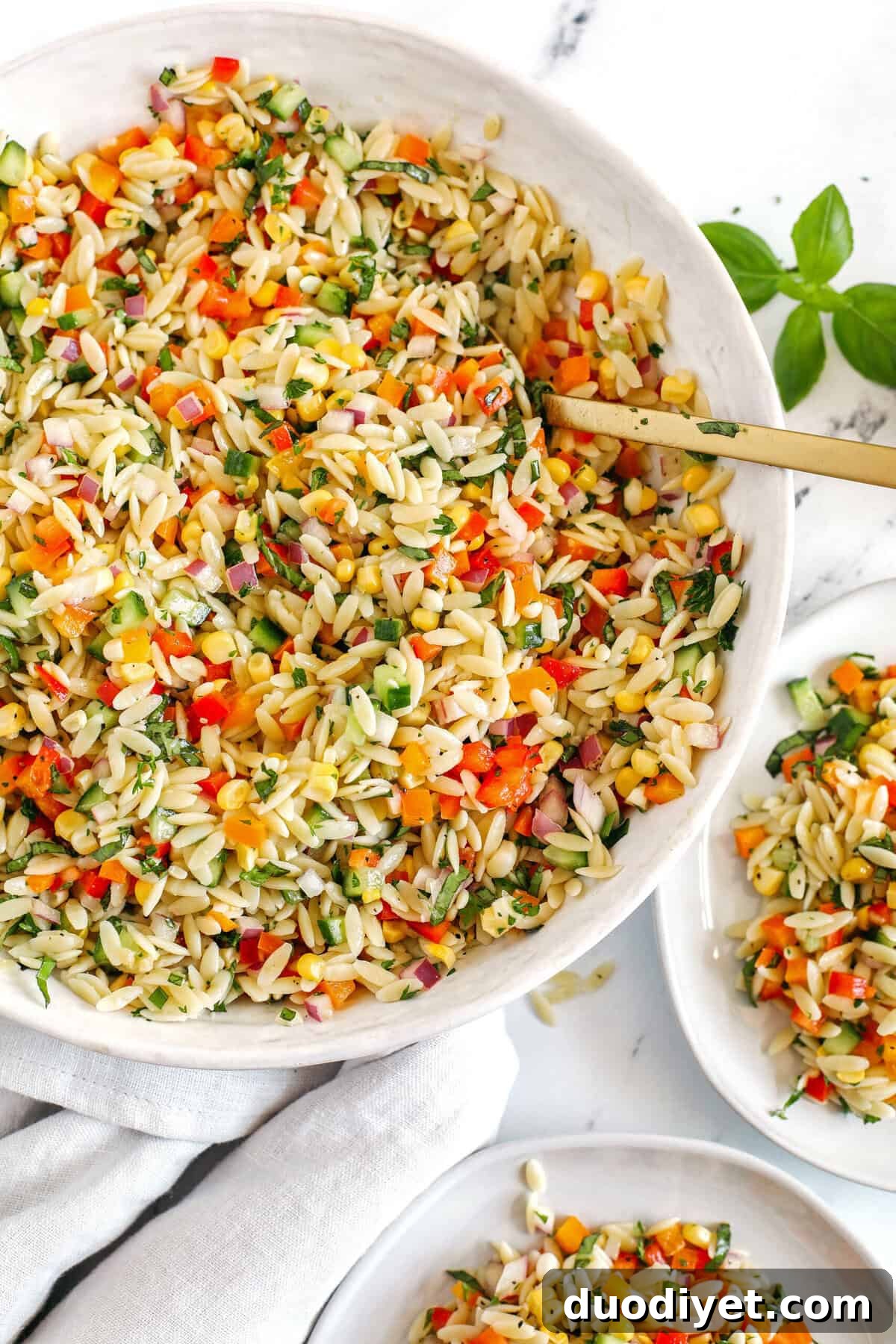 Meal prep containers with Rainbow Orzo Salad