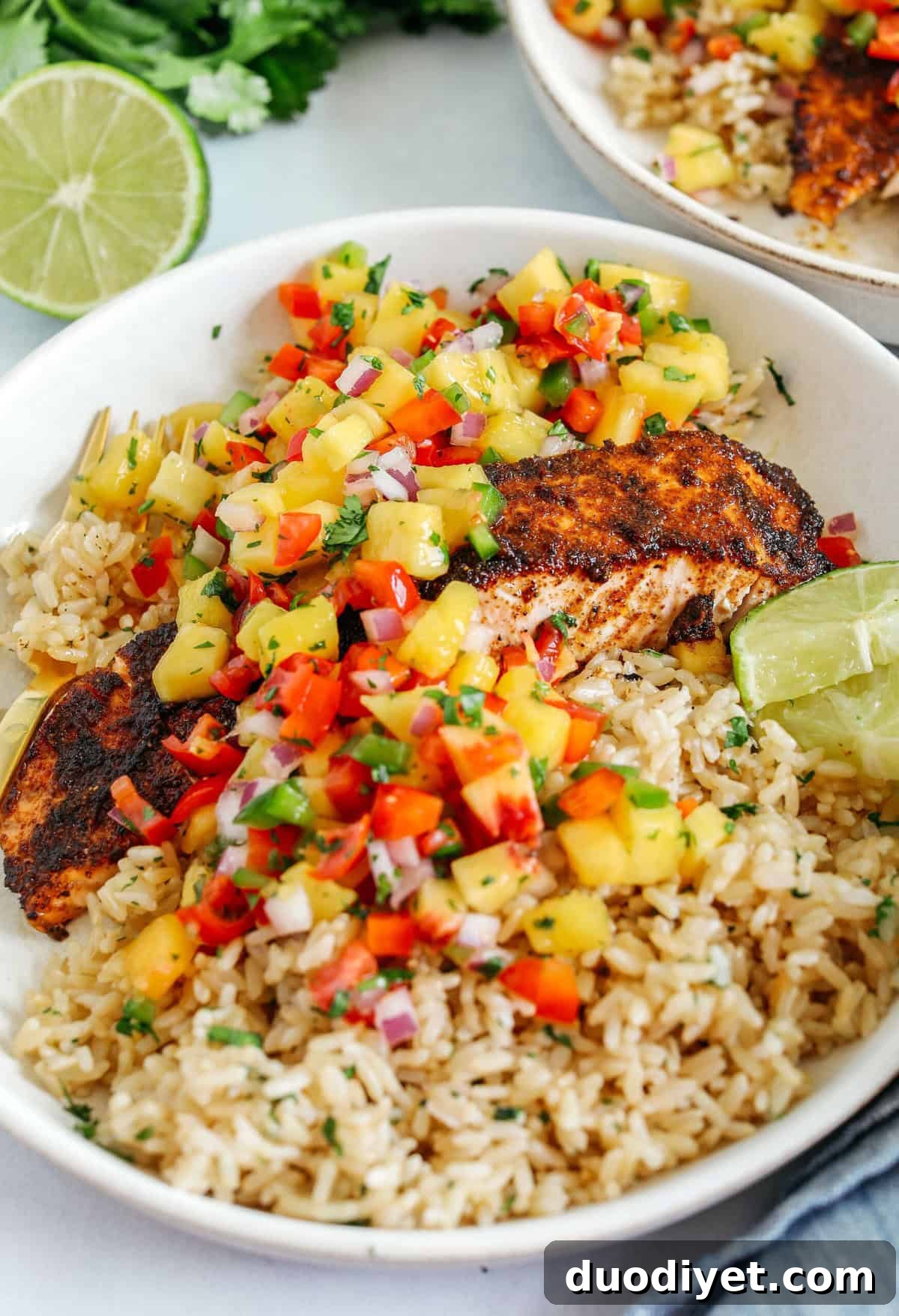 This tender flaky Chili Lime Salmon is coated in a delicious combination of spices and fresh lime juice for a mouthful of flavor! Pair it with fresh mango salsa and brown rice for the perfect healthy dinner!