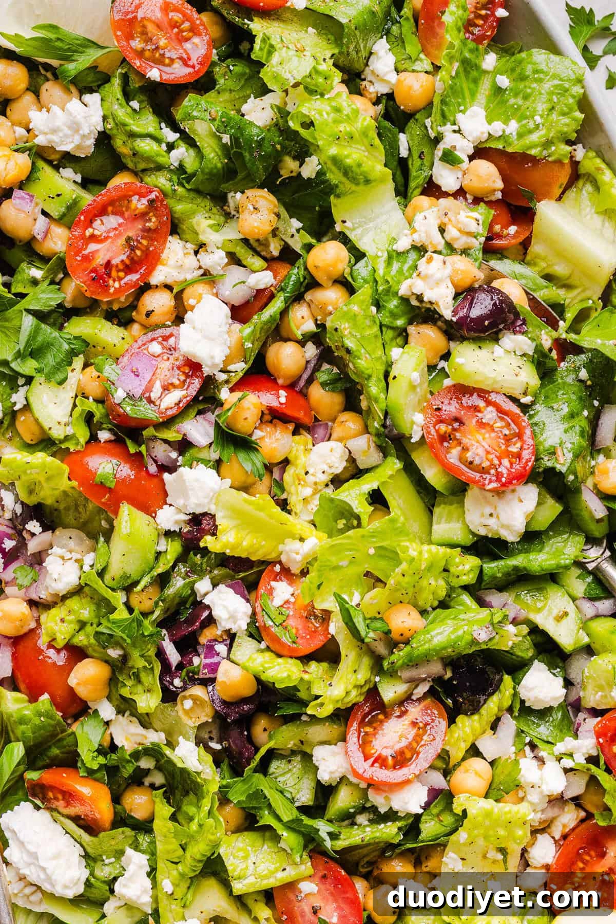 Mediterranean Chopped Salad with Feta, Olives and Lemon Dressing 6 Fresh and crisp Mediterranean Chopped Salad made with fresh tomatoes, crisp cucumbers, red onion, chickpeas, olives and feta cheese all tossed with a delicious red wine vinaigrette! Perfect for meal prep, lunches, or an easy side dish for any meal.