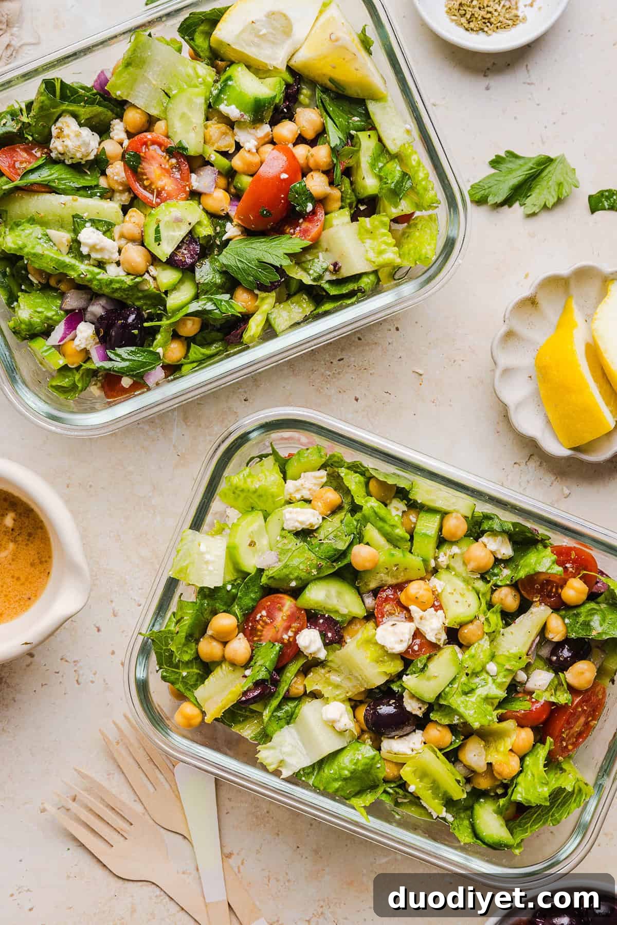 Vibrant Mediterranean Chopped Salad with Feta and Olives 7 Fresh and crisp Mediterranean Chopped Salad made with fresh tomatoes, crisp cucumbers, red onion, chickpeas, olives and feta cheese all tossed with a delicious red wine vinaigrette! Perfect for meal prep, lunches, or an easy side dish for any meal.