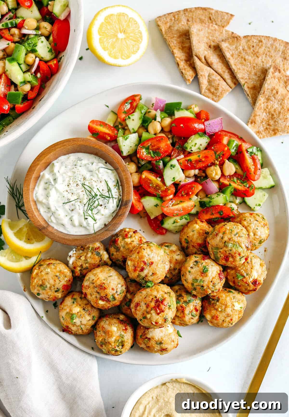 Close-up of Greek-style chicken meatballs