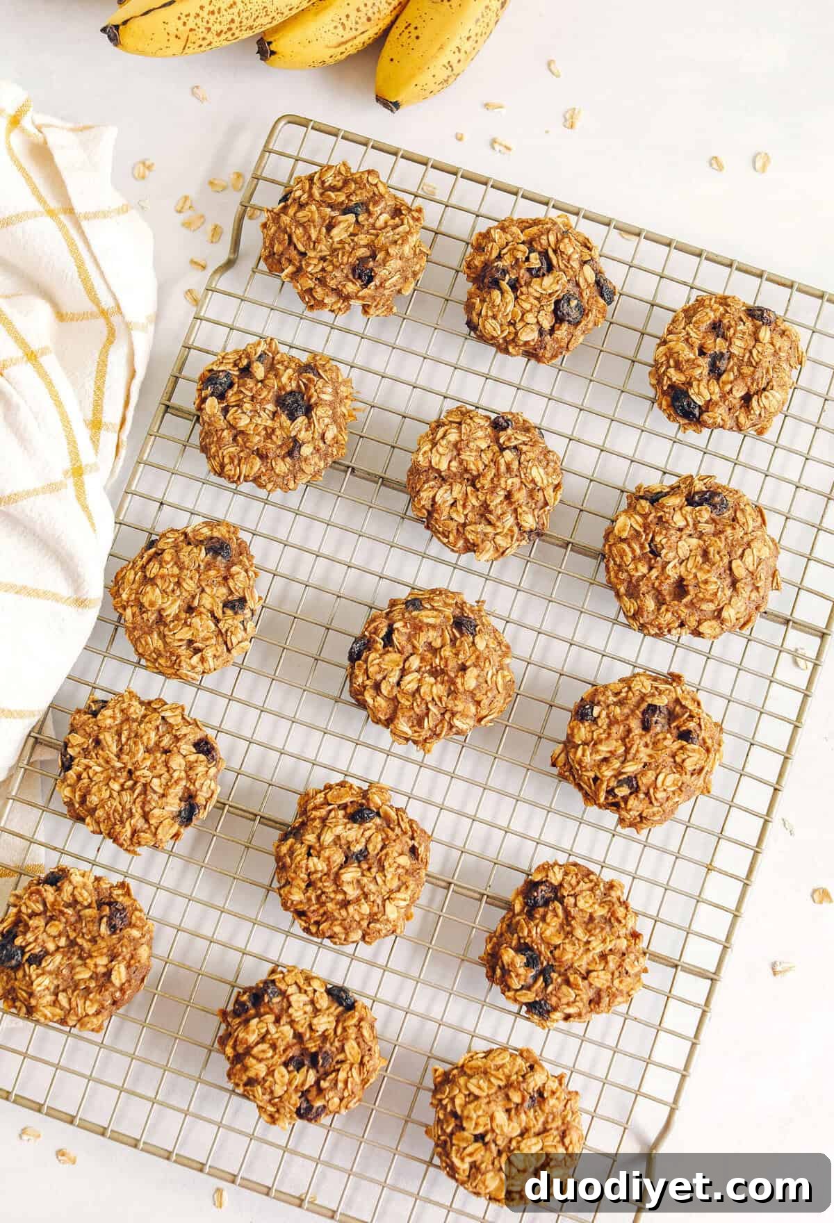 Close-up of chewy banana oatmeal cookies with raisins