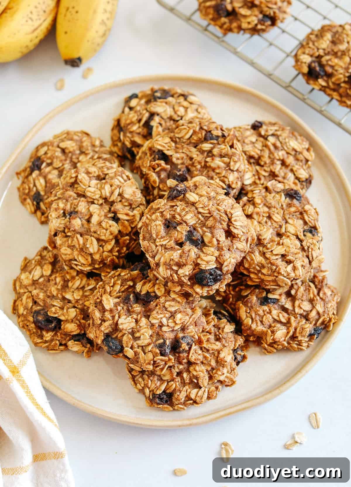 Stack of banana oatmeal cookies with raisins