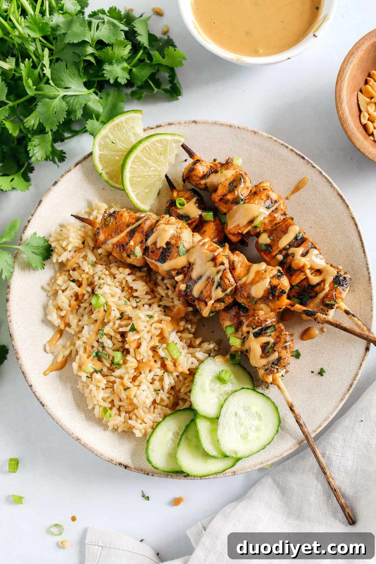 Tender and juicy Chicken Satay marinated in the most delicious peanut ginger sauce and grilled to perfection for the perfect easy weeknight dinner! Serve over rice or salad and drizzled with my homemade peanut sauce.