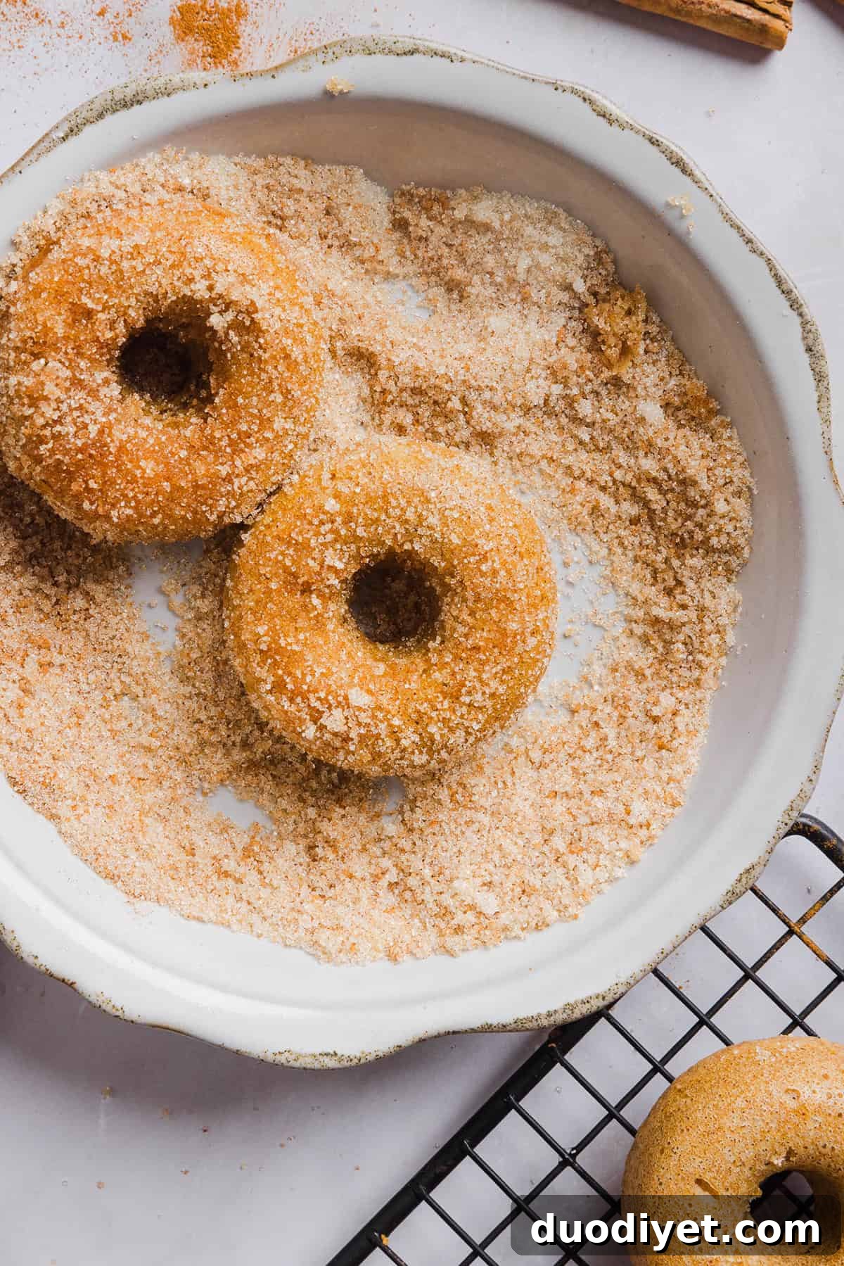 Tray of warm apple cider donuts rolled in cinnamon sugar