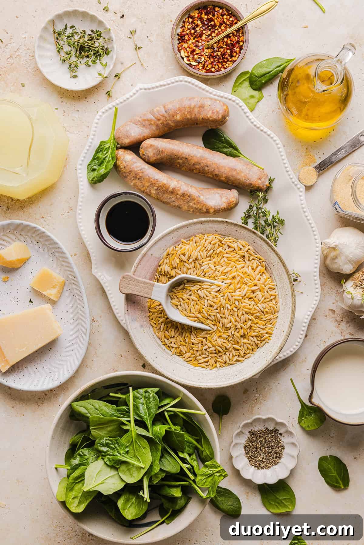 One-Pan Creamy Chicken Sausage and Orzo Skillet 3 Close up of creamy orzo with chicken sausage and wilted spinach