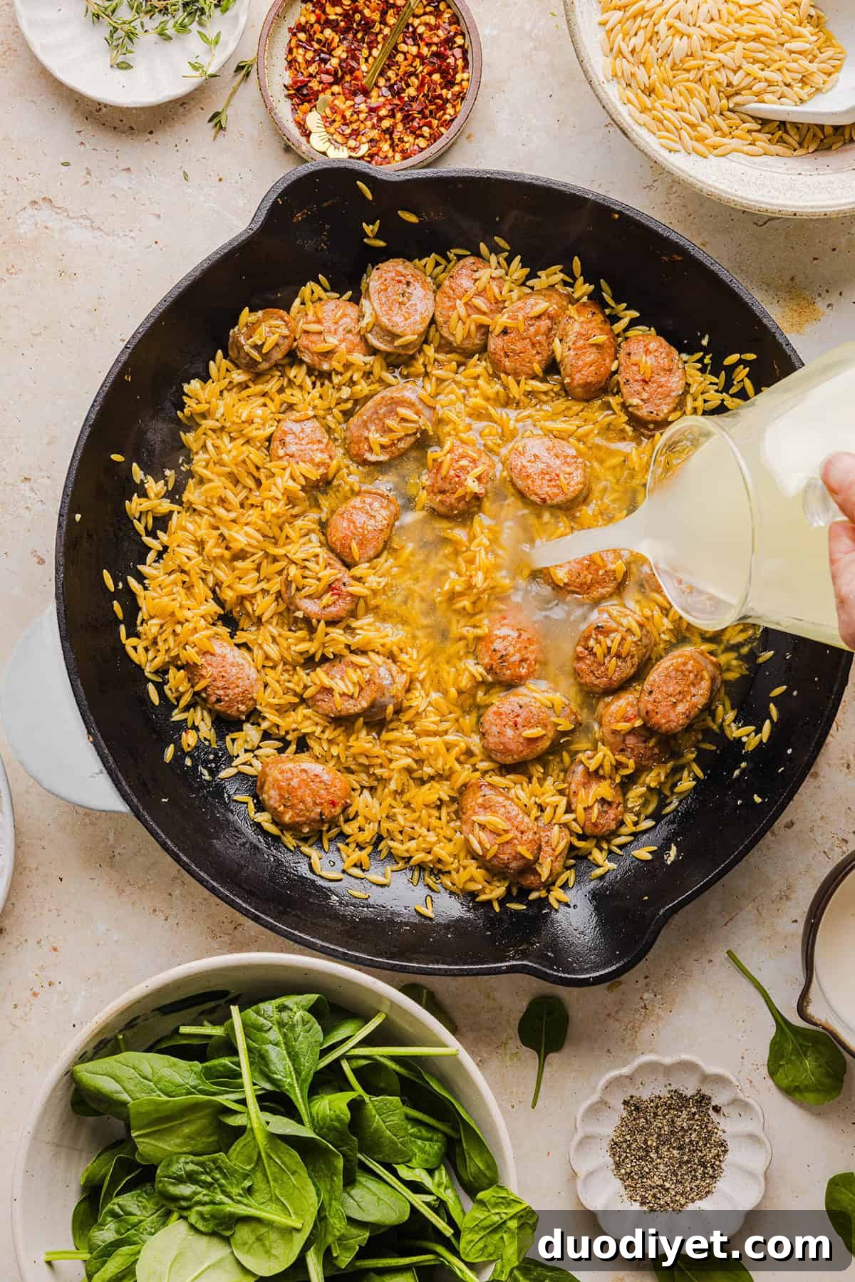 One-Pan Creamy Chicken and Sausage Orzo Skillet Recipe 4 Skillet with creamy orzo and sausage
