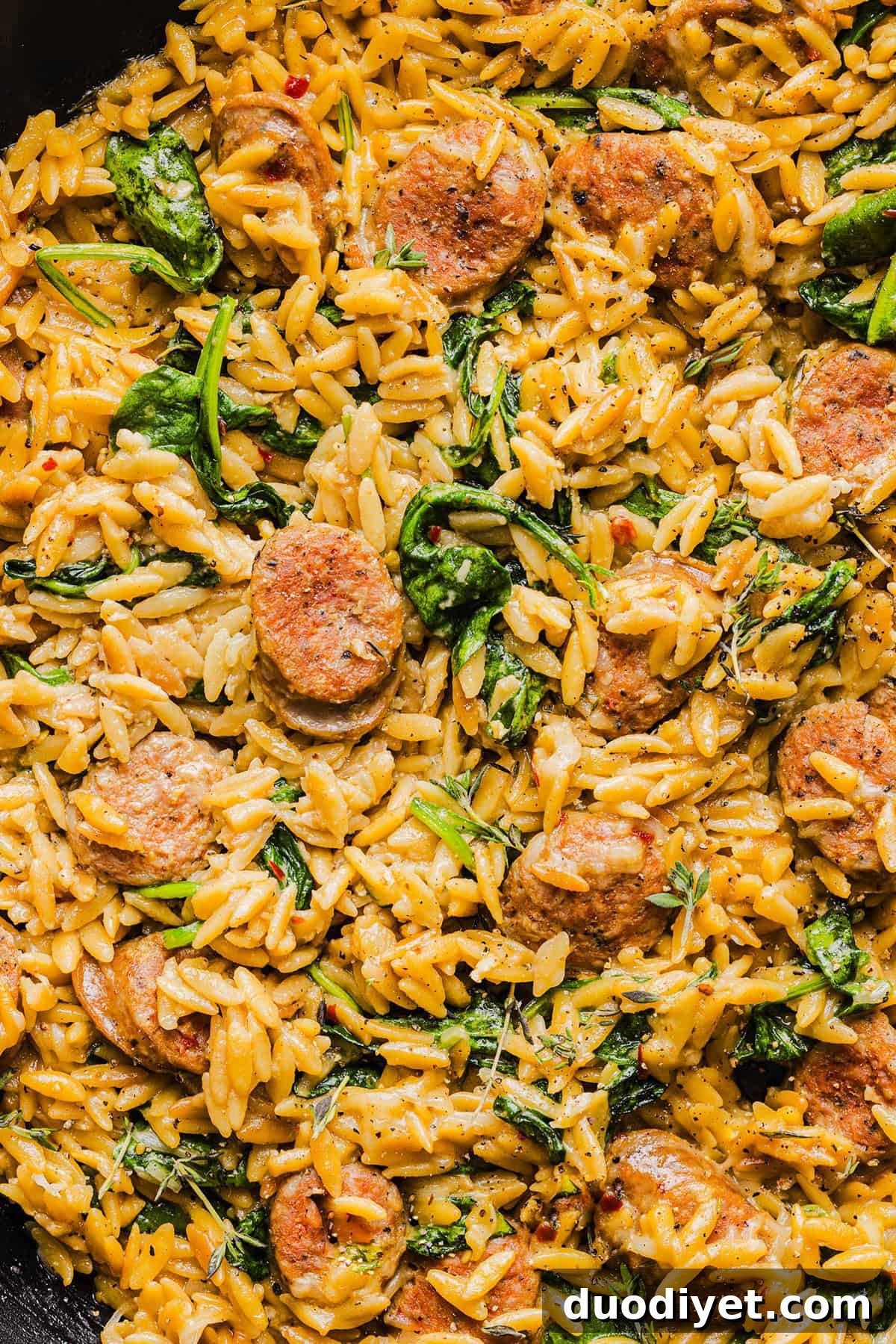 One-Pan Creamy Chicken and Sausage Orzo Skillet Recipe 7 Creamy orzo with sausage and spinach in a skillet