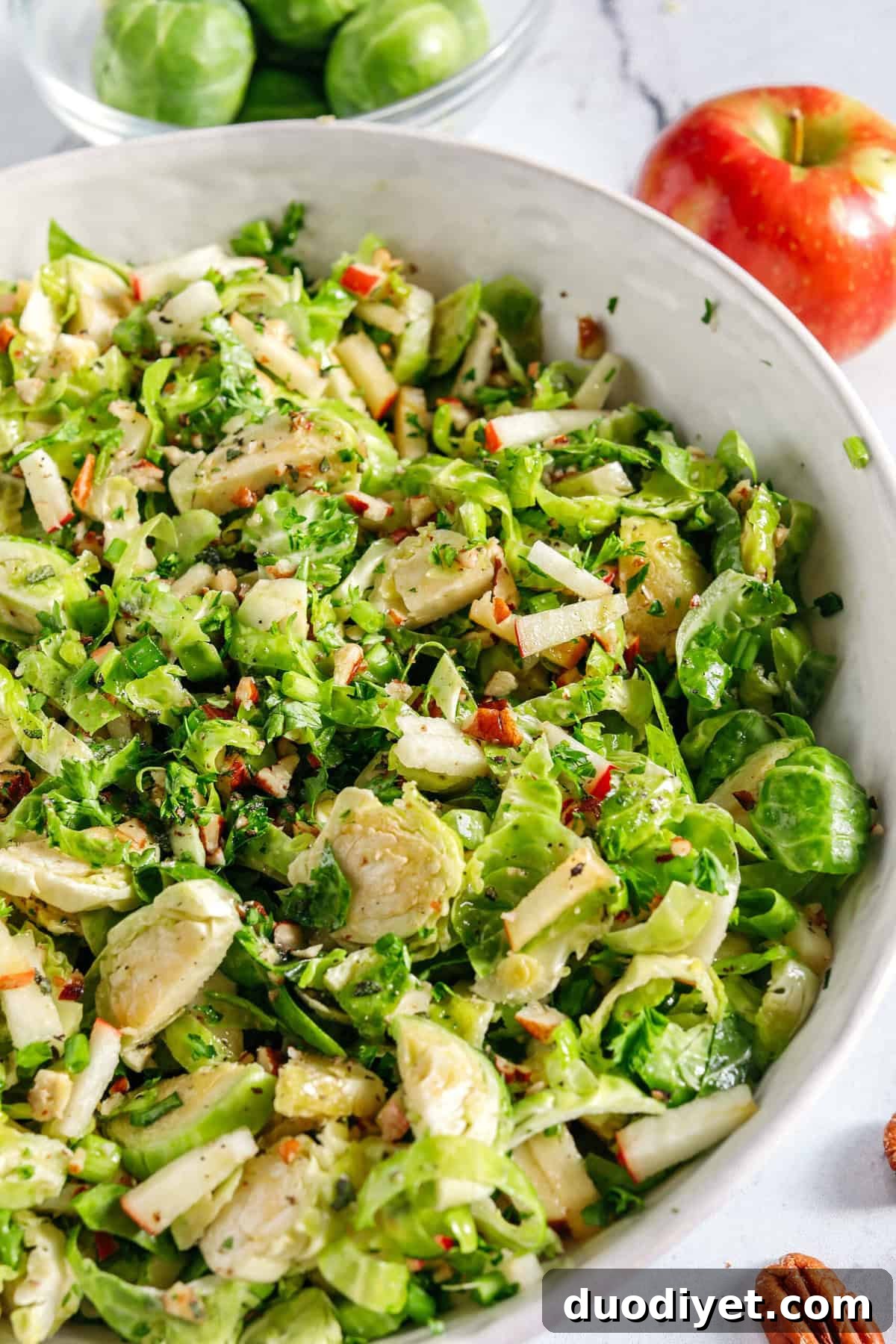 Fall Roasted Brussels Sprout Salad with Cranberries and Pecans 5 Serving bowl of Fall Brussels Sprout Salad with herbs and pecans
