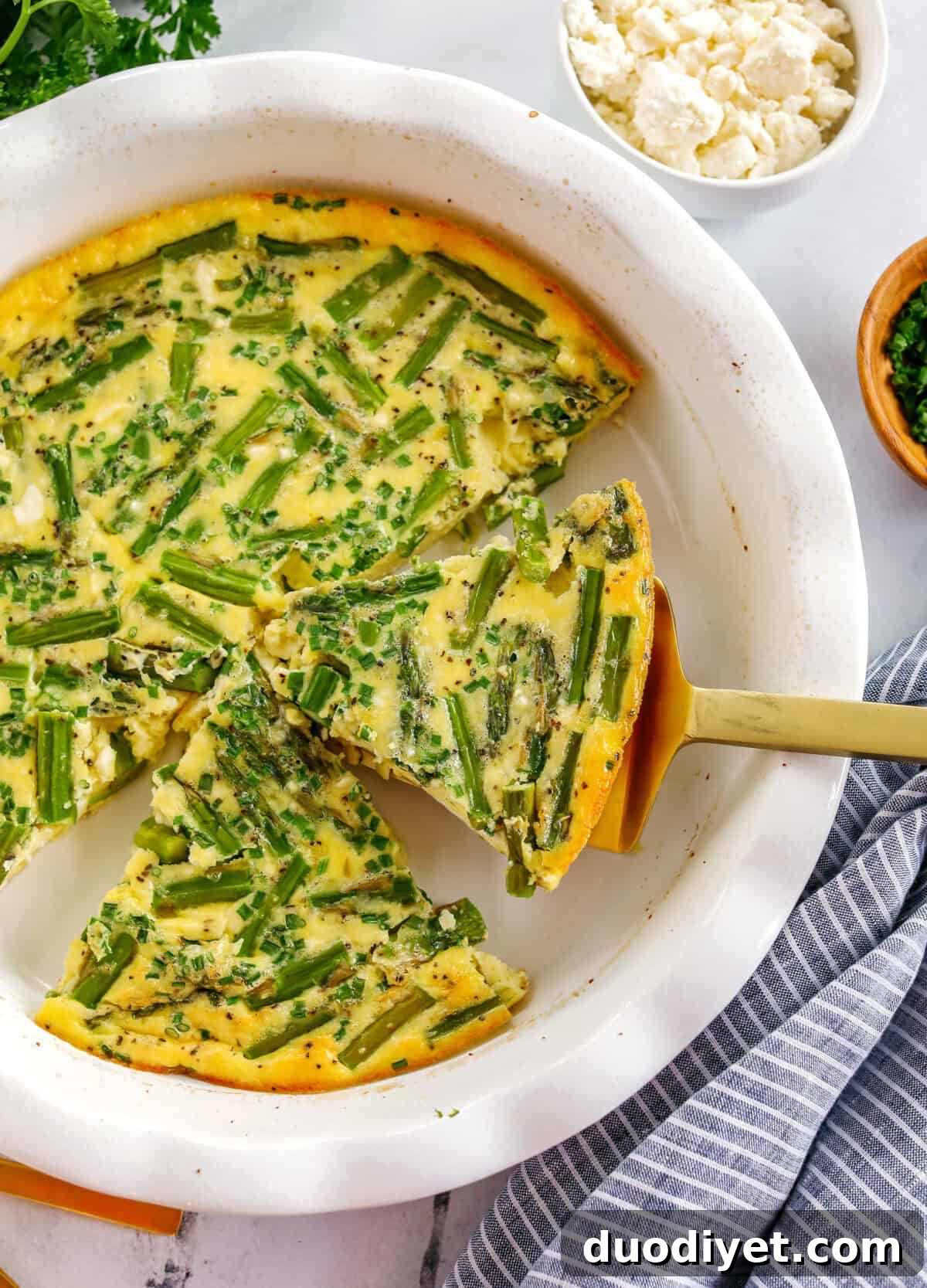 Sliced asparagus and feta quiche