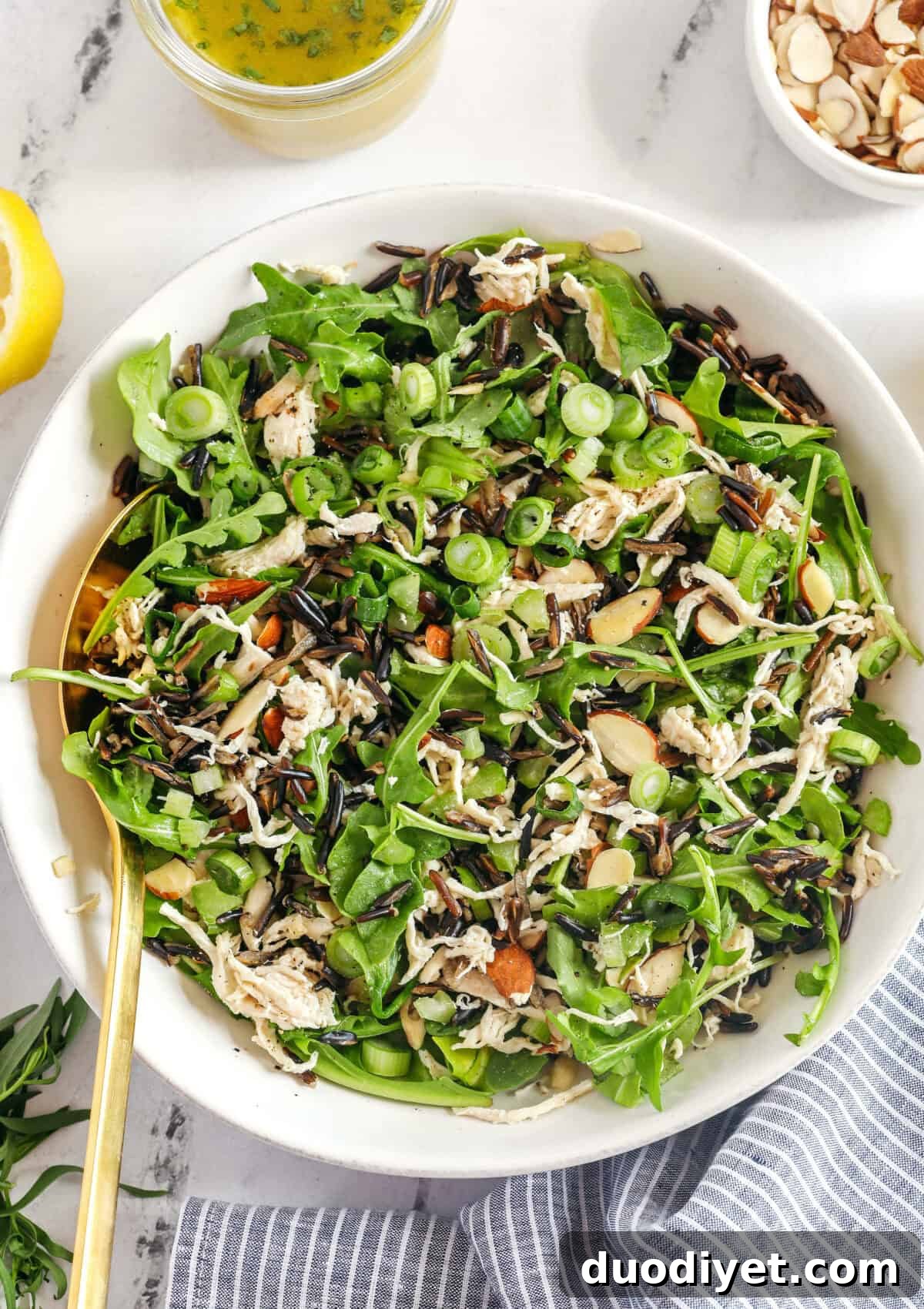 Hearty and delicious Wild Rice Chicken Salad made with leafy arugula, warm wild rice, shredded chicken, sliced almonds, and green onions all tossed with a bright lemon tarragon vinaigrette!