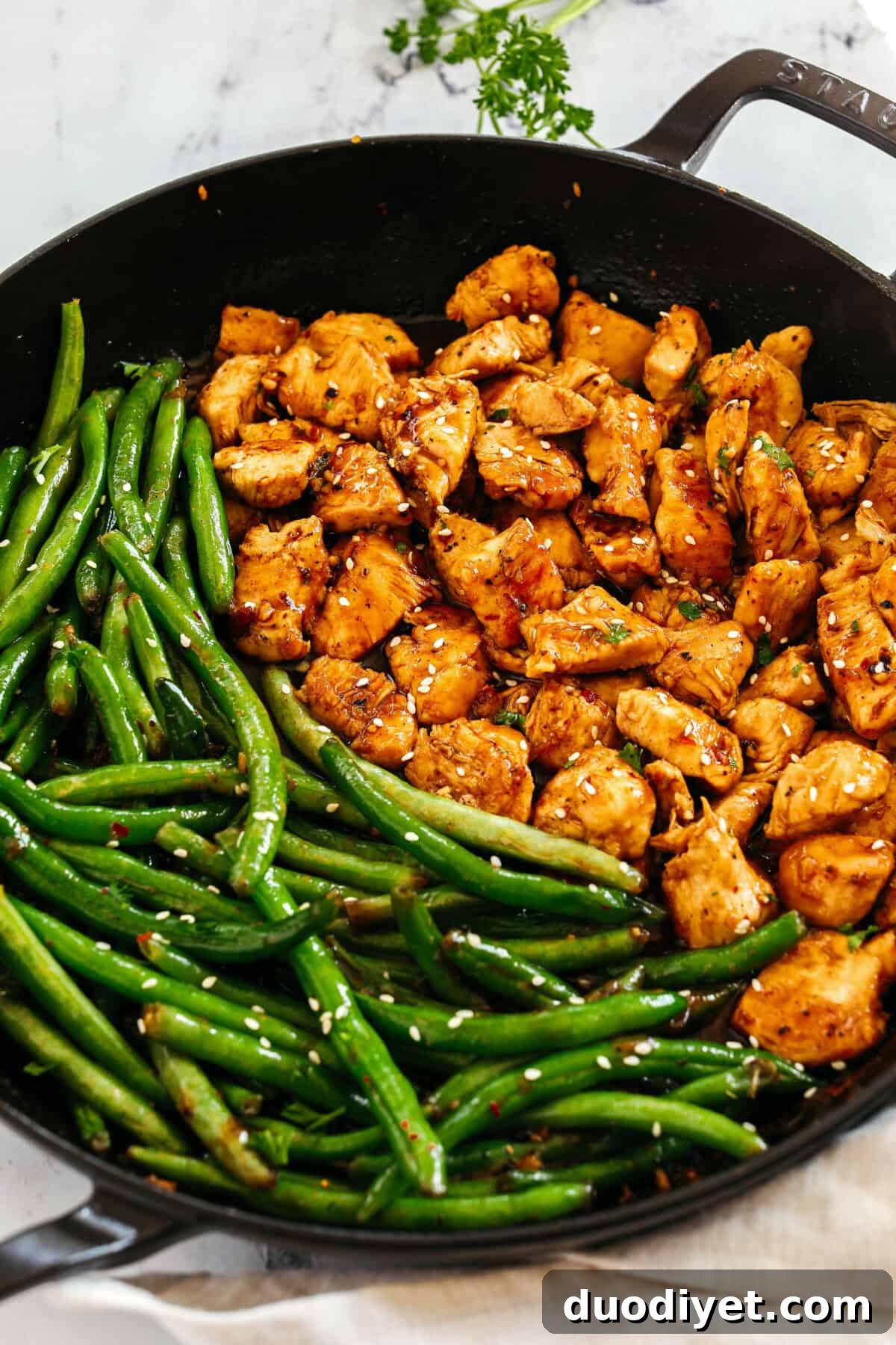 Super flavorful Honey Garlic Chicken and Green Beans make the perfect weeknight meal smothered in a delicious sauce that tastes way better than take-out!  Serve over rice and have dinner on your table in under 30 minutes! 