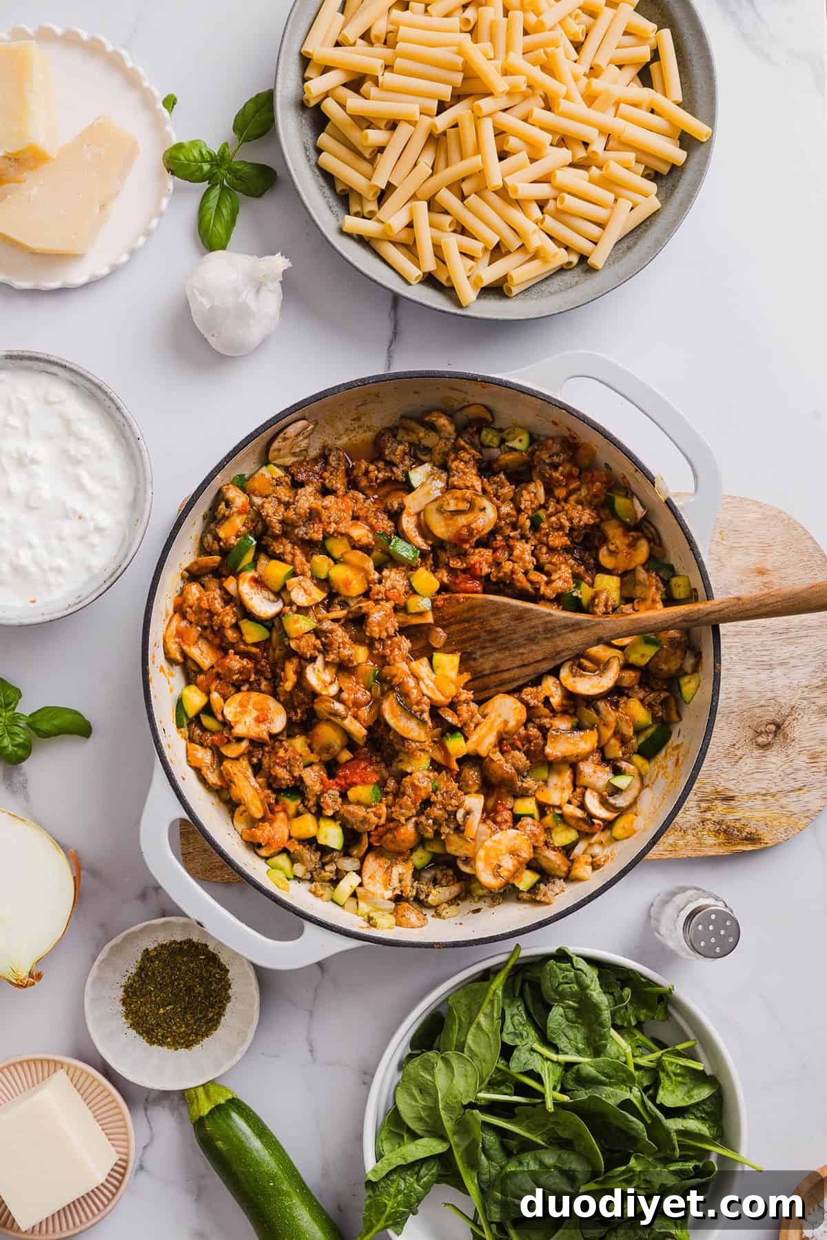 Wholesome Baked Ziti Recipe with Spinach and Ricotta 3 Comforting and delicious Healthy Baked Ziti packed with veggies, flavorful turkey sausage and makes the perfect weeknight meal the whole family will love! Leftovers guaranteed!
