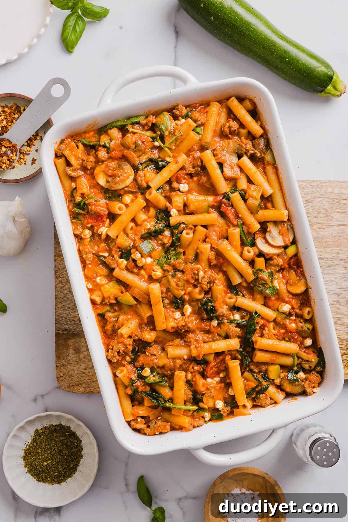 Wholesome Baked Ziti Recipe with Spinach and Ricotta 4 Comforting and delicious Healthy Baked Ziti packed with veggies, flavorful turkey sausage and makes the perfect weeknight meal the whole family will love! Leftovers guaranteed!