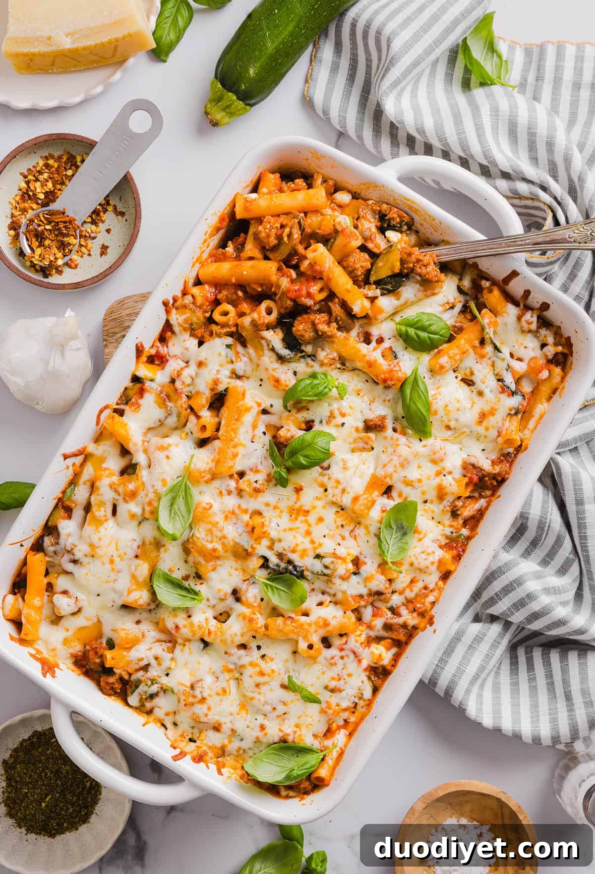 Wholesome Baked Ziti Recipe with Spinach and Ricotta 5 Comforting and delicious Healthy Baked Ziti packed with veggies, flavorful turkey sausage and makes the perfect weeknight meal the whole family will love! Leftovers guaranteed!