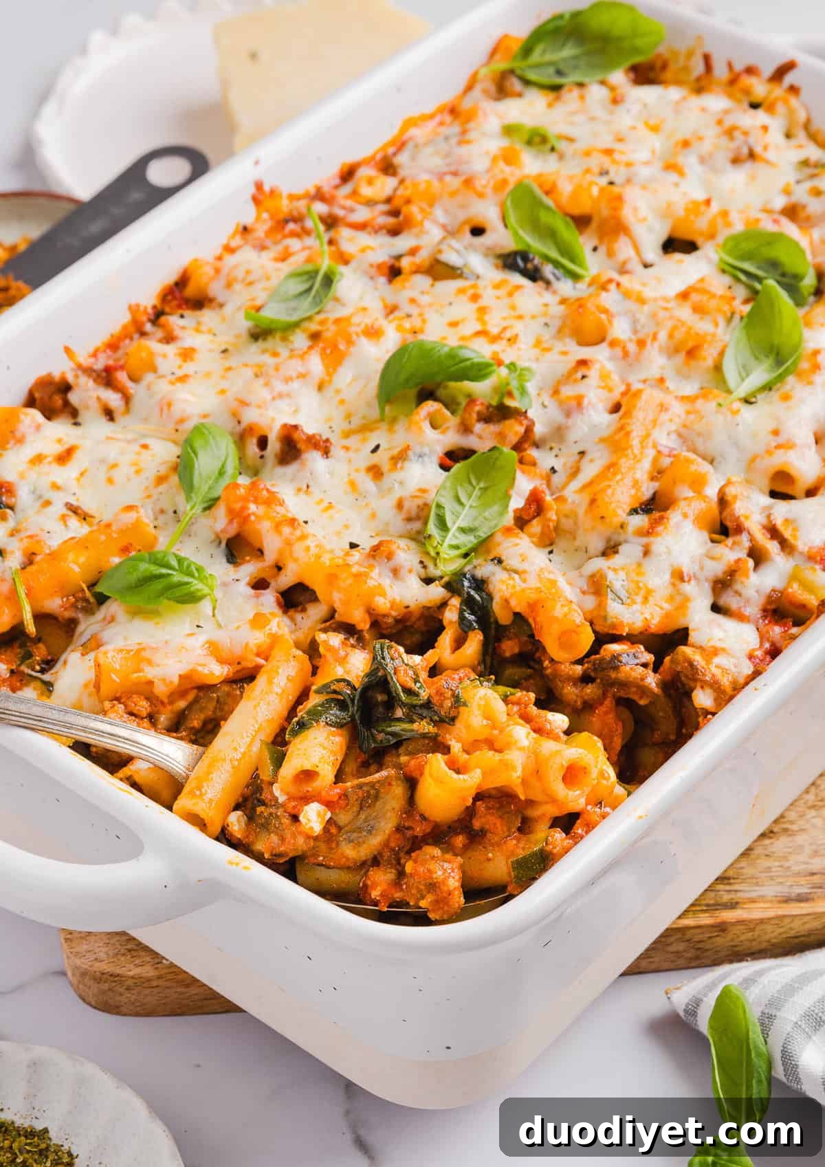 Wholesome Baked Ziti Recipe with Spinach and Ricotta 7 This comforting and delicious Healthy Baked Ziti recipe is packed with fresh veggies, flavorful turkey sausage and makes the perfect weeknight meal the whole family will love! Leftovers are guaranteed!