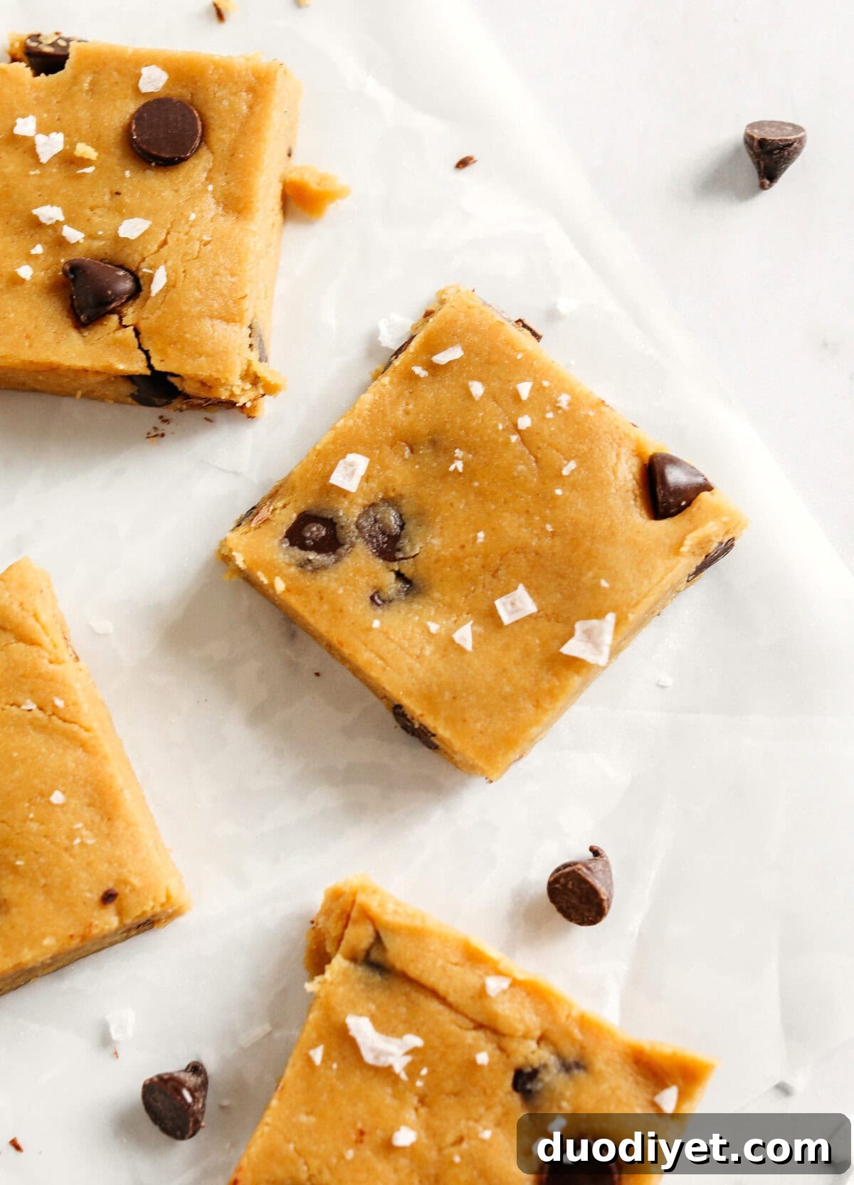 No-Bake Peanut Butter Protein Bars Recipe 4 Sliced peanut butter protein bars with chocolate chips