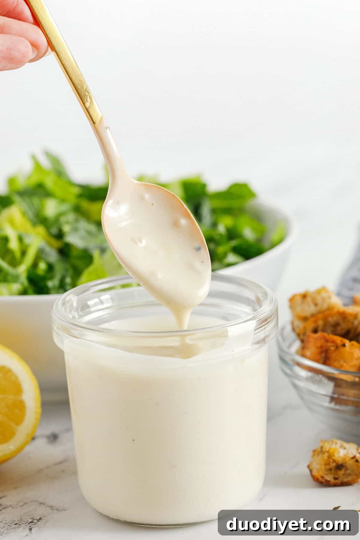 Low-Calorie Homemade Caesar Dressing Recipe 3 Rich and creamy Healthy Caesar Dressing made with protein-packed Greek yogurt for a lighter take on this classic dressing! Homemade is always better than store-bought!