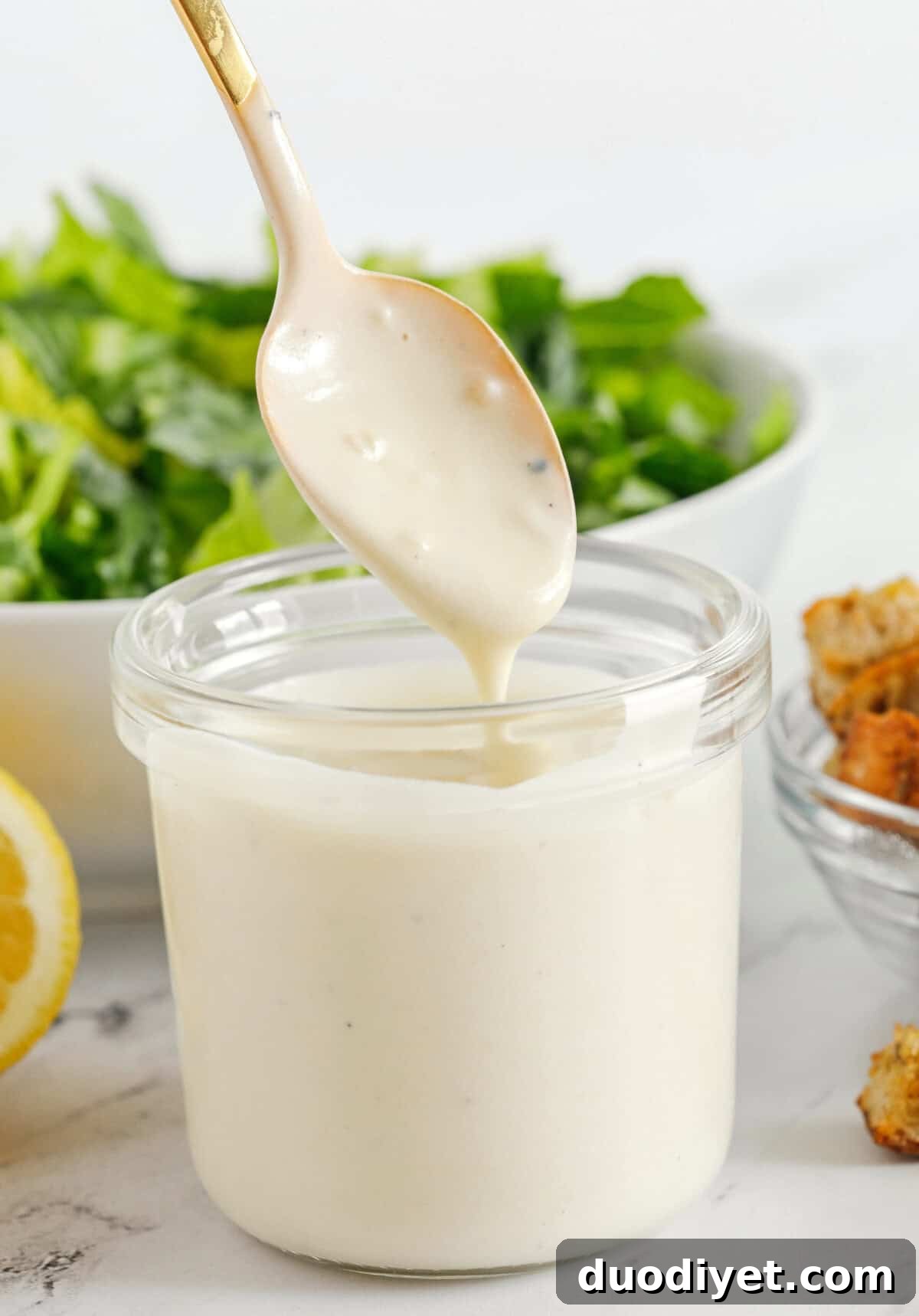 Close up of Healthy Caesar Salad with grilled chicken and croutons