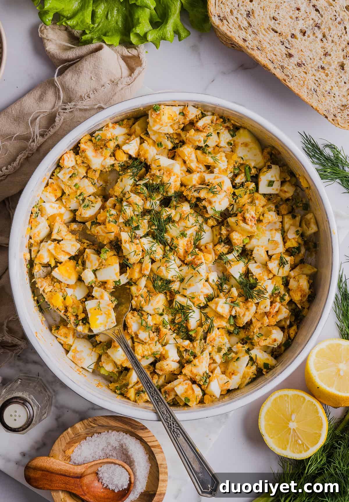 Healthy egg salad with Greek yogurt, herbs and celery