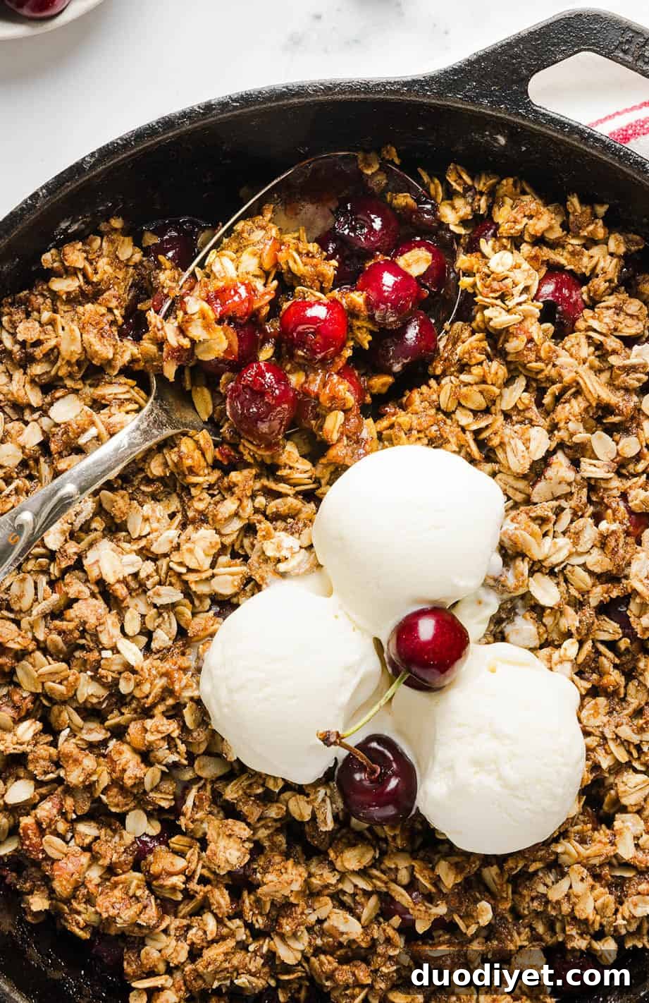 Light Cherry Crisp Recipe with Oat Crumble 2 This Healthy Cherry Crisp recipe is the ultimate summer dessert! Bursting with sweet cherries and a wholesome oat topping, this warm cherry crisp easily comes together with just a few simple ingredients!
