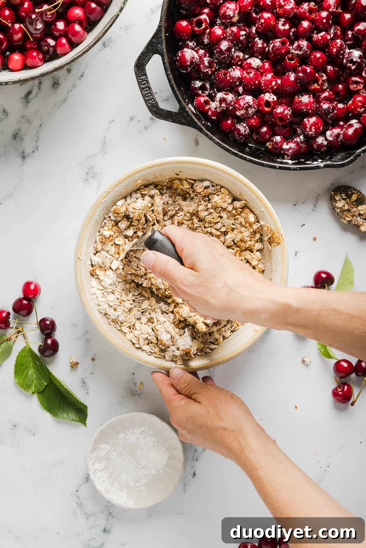 Light Cherry Crisp Recipe with Oat Topping 5 This Healthy Cherry Crisp recipe is the ultimate summer dessert! Bursting with sweet cherries and a wholesome oat topping, this warm cherry crisp easily comes together with just a few simple ingredients!